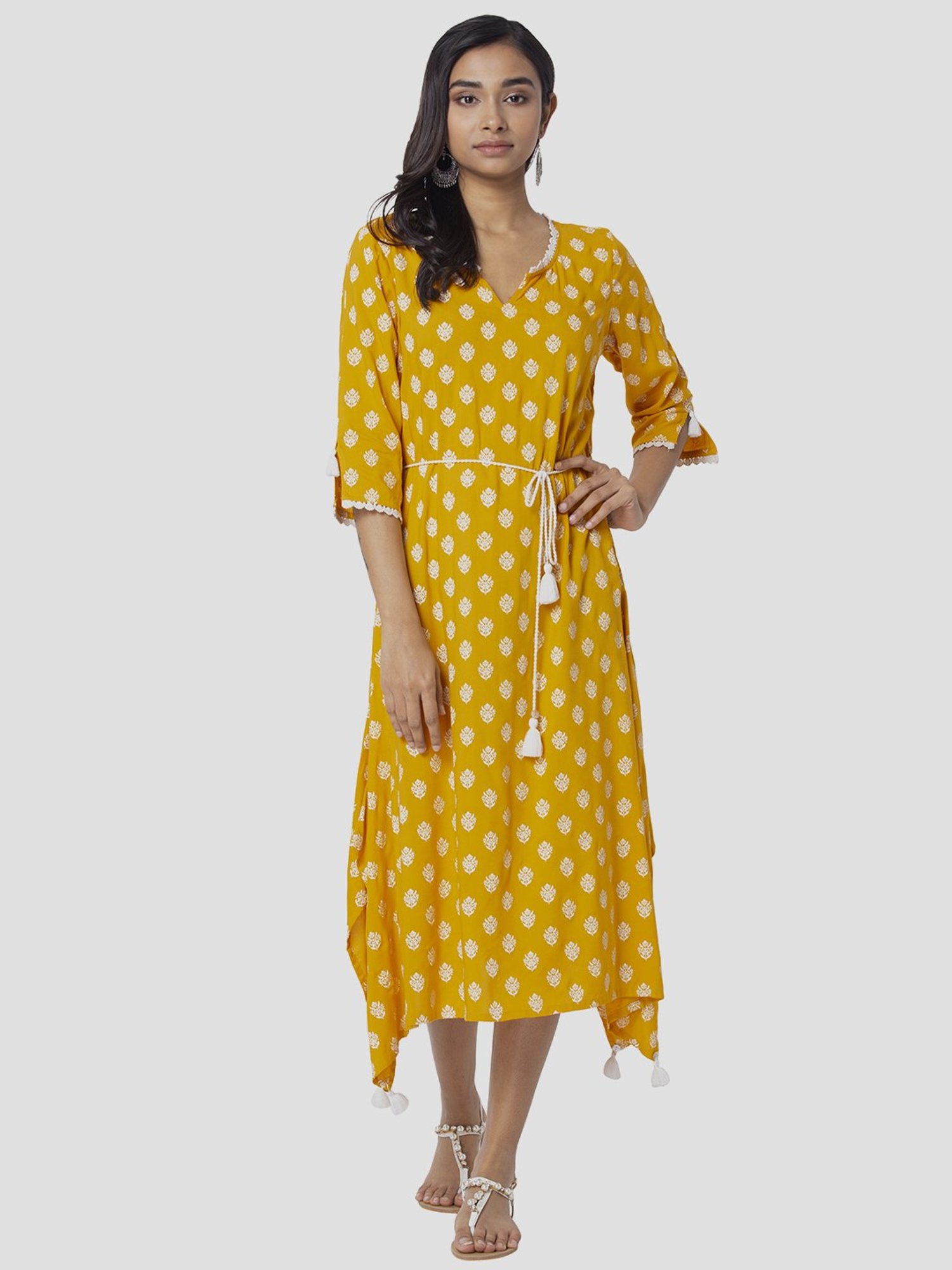 Buy Women Light Yellow Thread Embroidered Cotton Dress - Feed-Dress - Indya