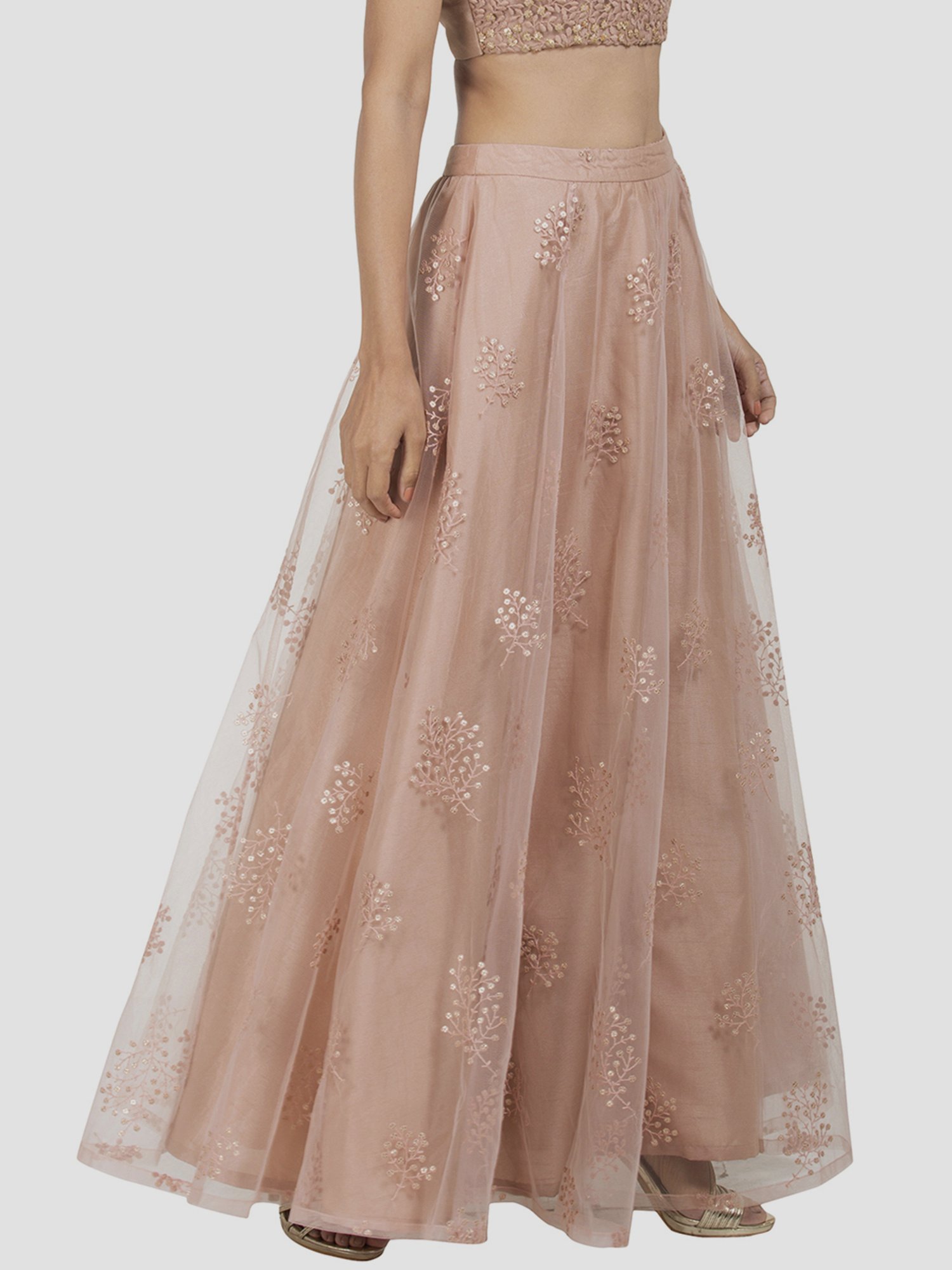 pink embroidered mesh maxi skirt with cancan