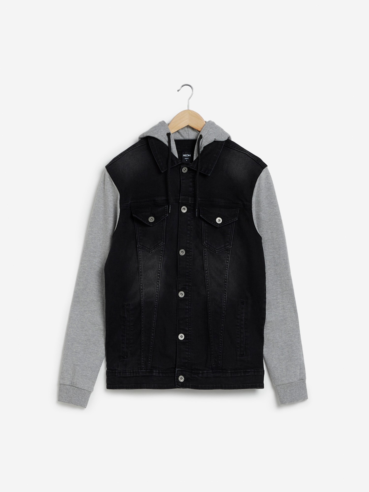 Black Jersey Sleeve Hooded Dark Wash Denim Jacket  New Look