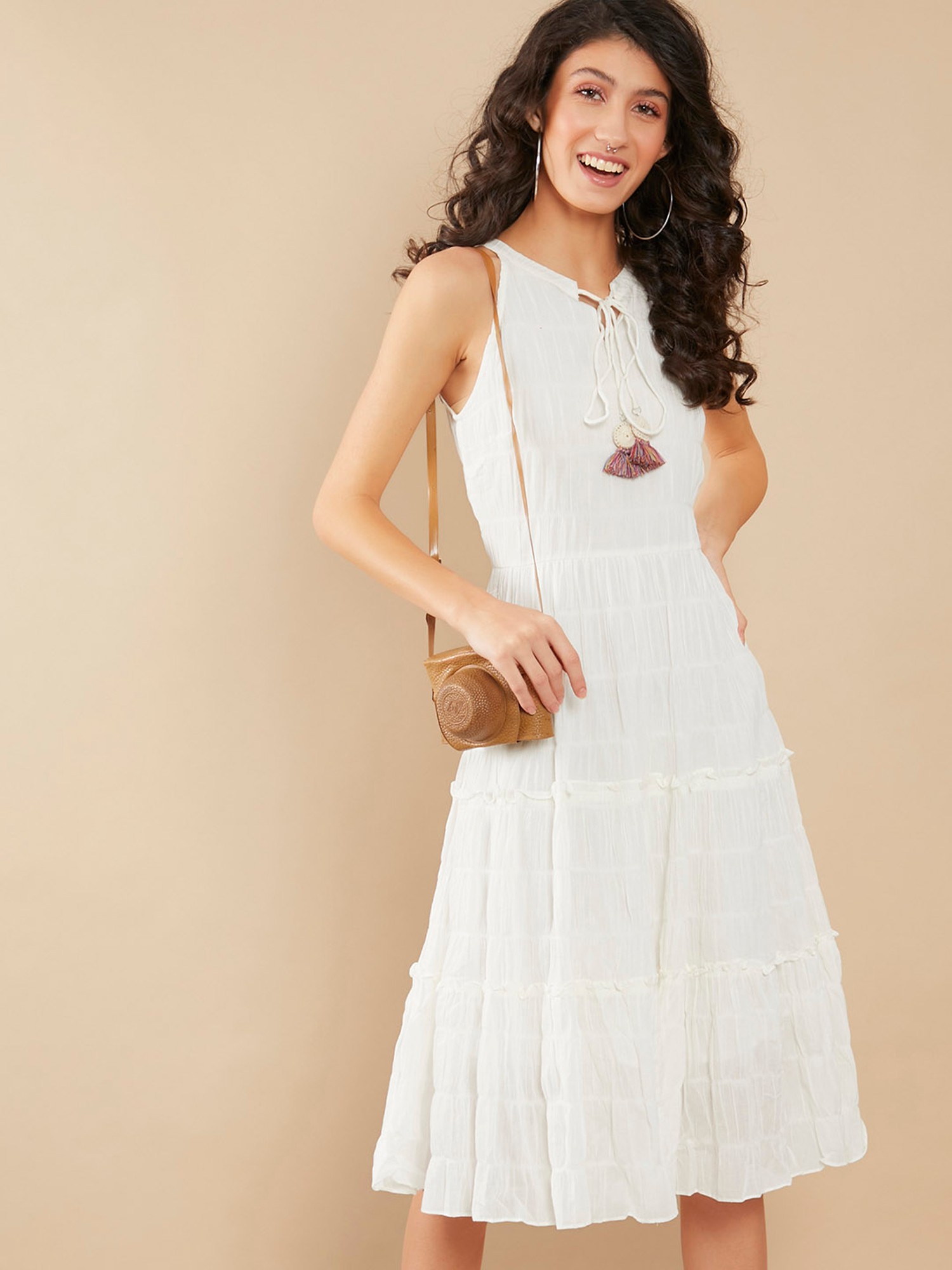 CALANGUTE WHITE COTTON EMBROIDERED KNEE LENGTH BRUNCH DRESS WITH FULL LENGTH  SLEEVES
