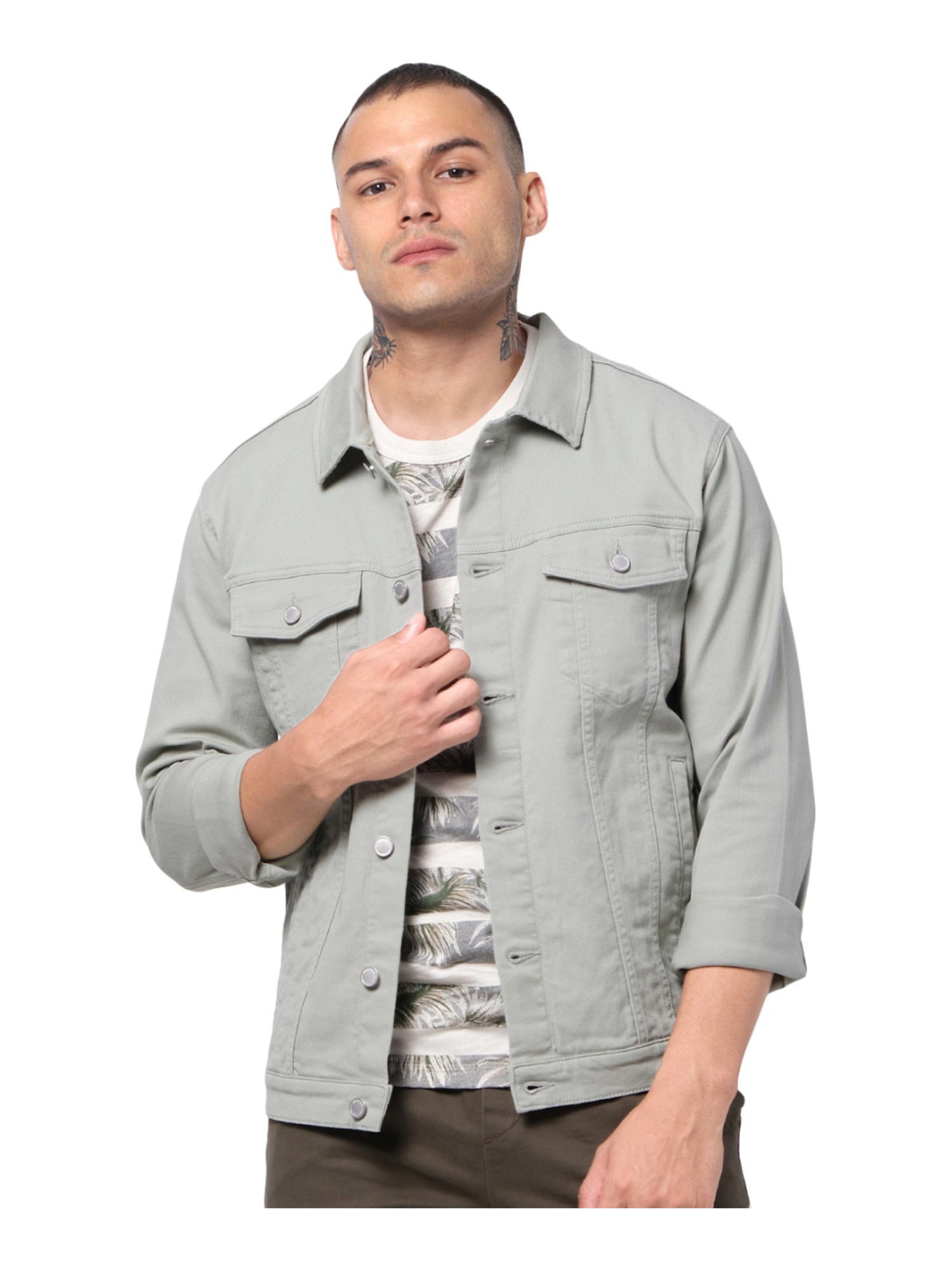 Hansen - Grey Washed Denim - Grey denim jacket with zipper. - Molo