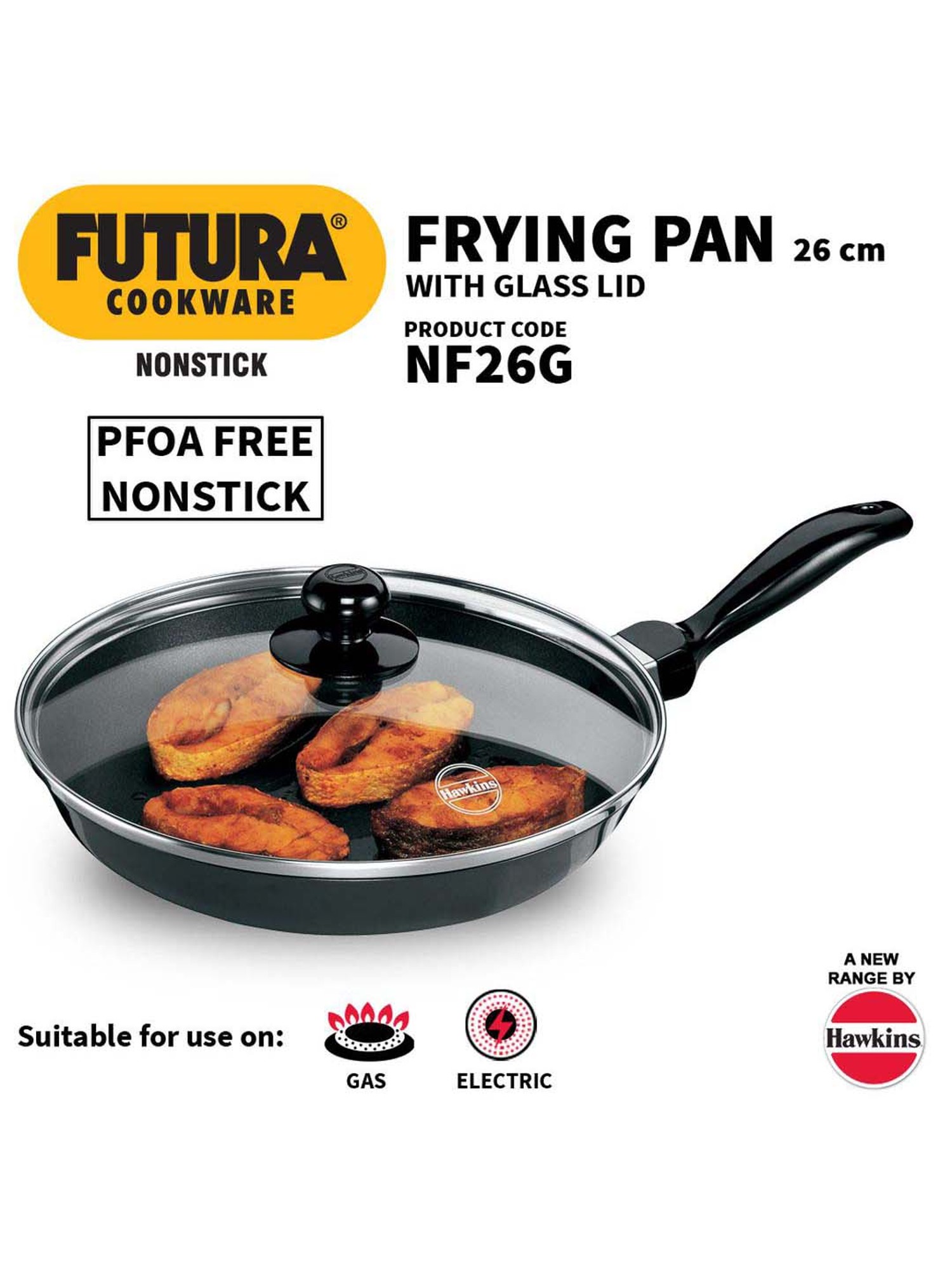 Hawkins Futura Non-Stick Frying Pan with Glass Lid, 26cm Black