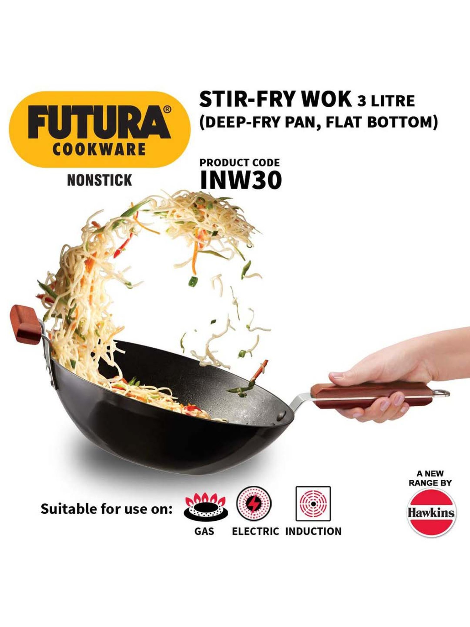 Futura INW30S 3 L Non-Stick Induction Stir Fry Wok, Medium, Black