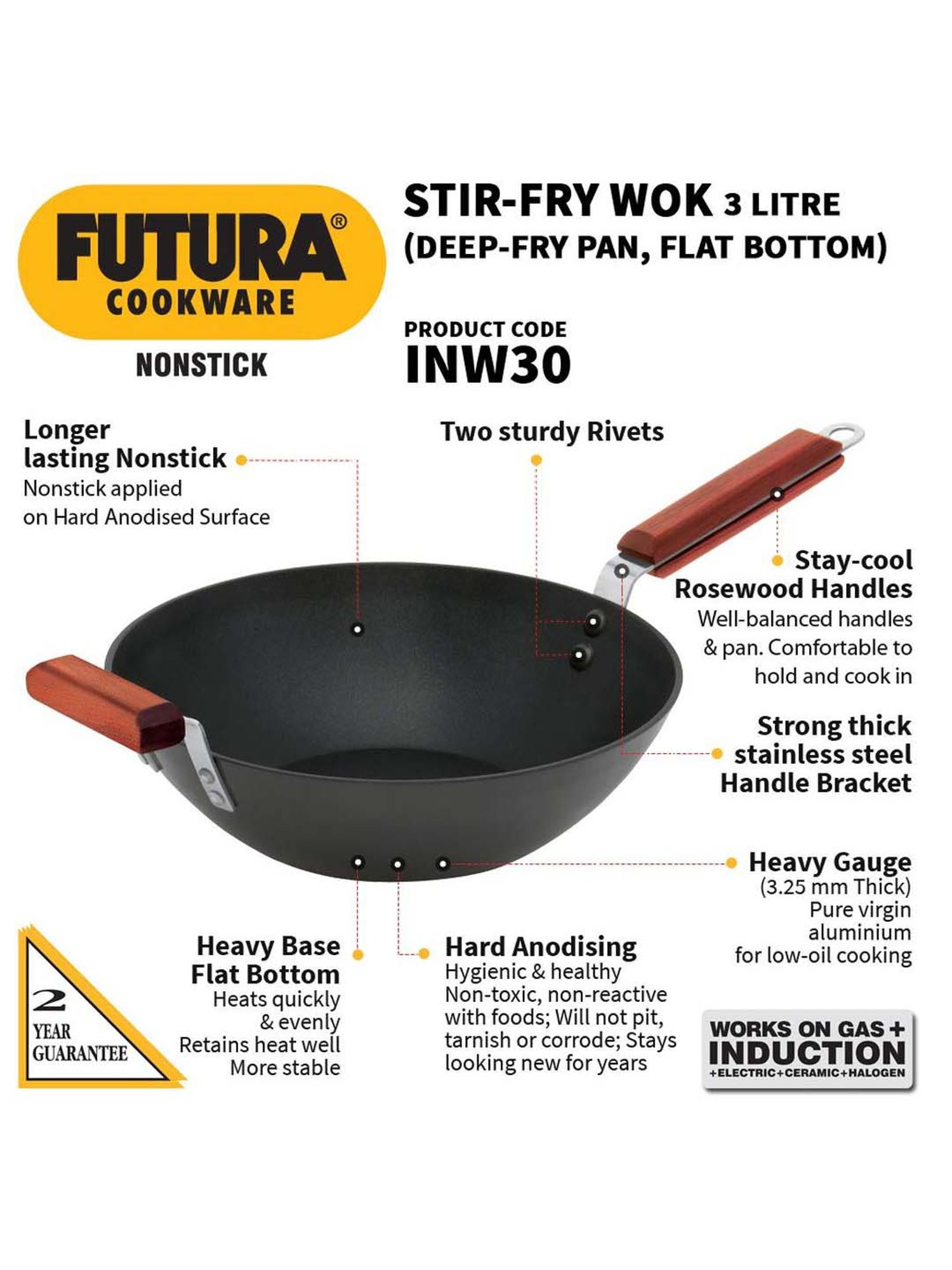 Futura INW30S 3 L Non-Stick Induction Stir Fry Wok, Medium, Black