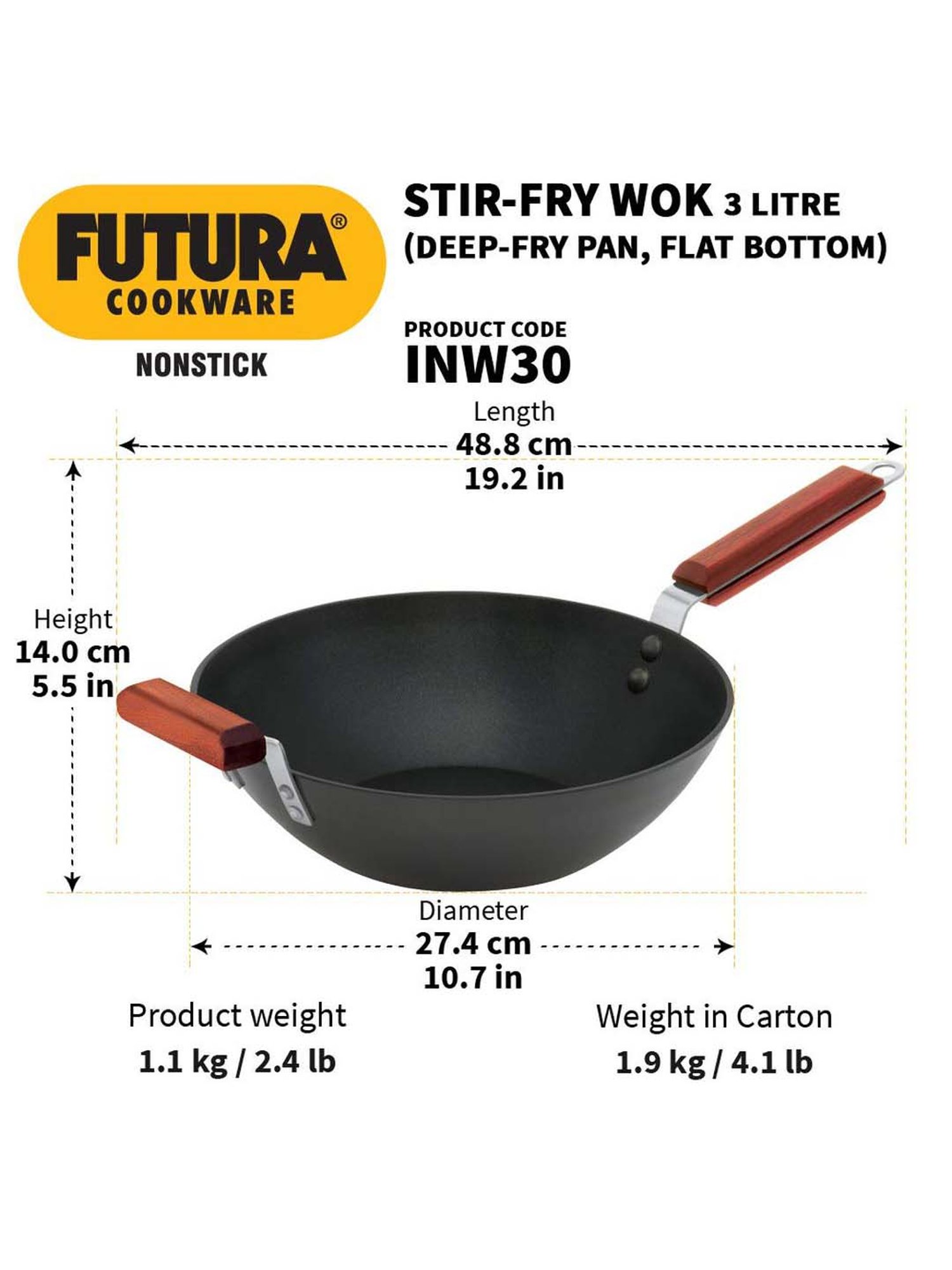 Futura INW30S 3 L Non-Stick Induction Stir Fry Wok, Medium, Black