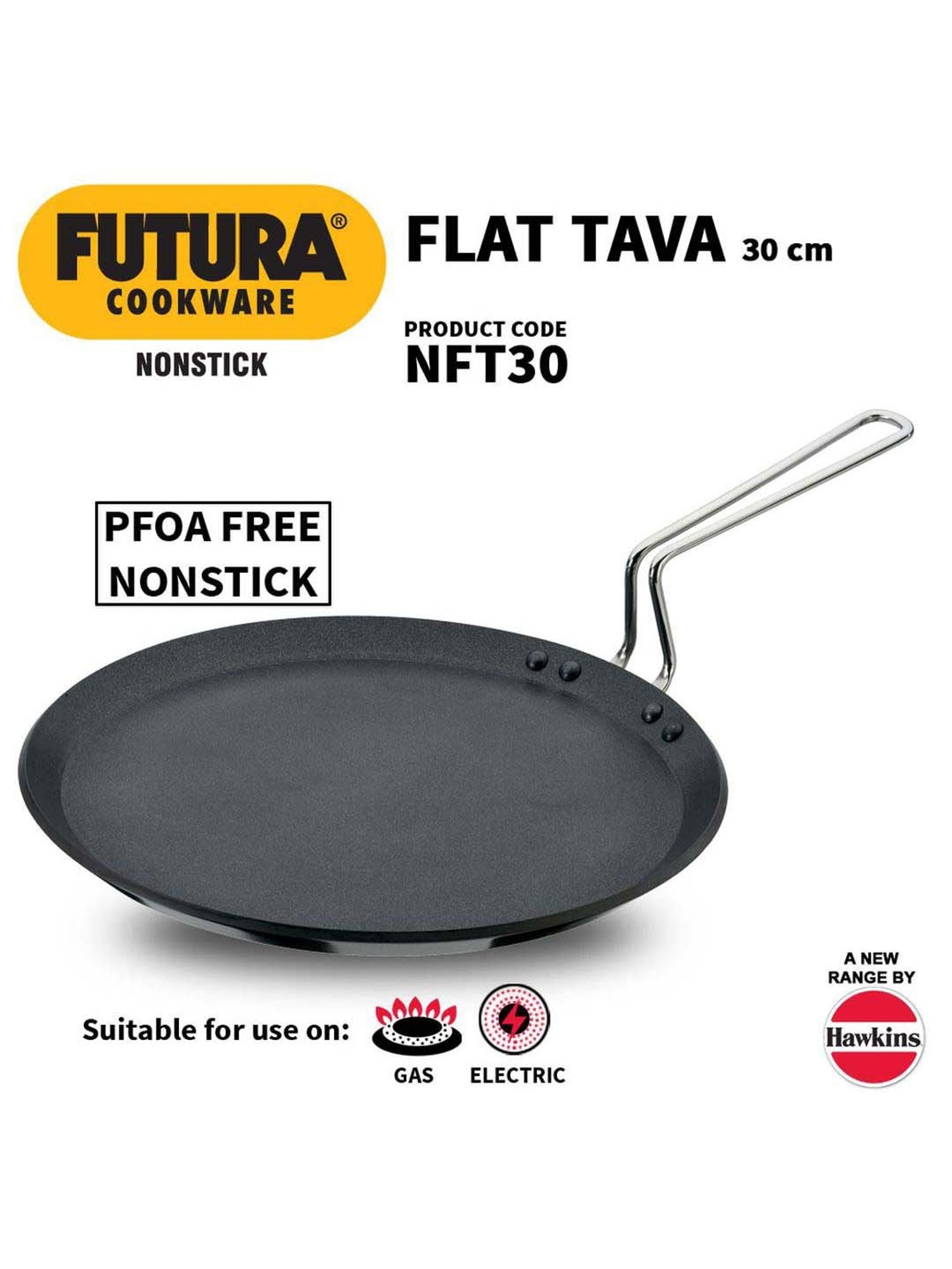 Hawkins Futura Nonstick Flat Tava with Plastic Handle, Diameter 30 cm,  Thickness 4.88 mm, Black (NFT30P)