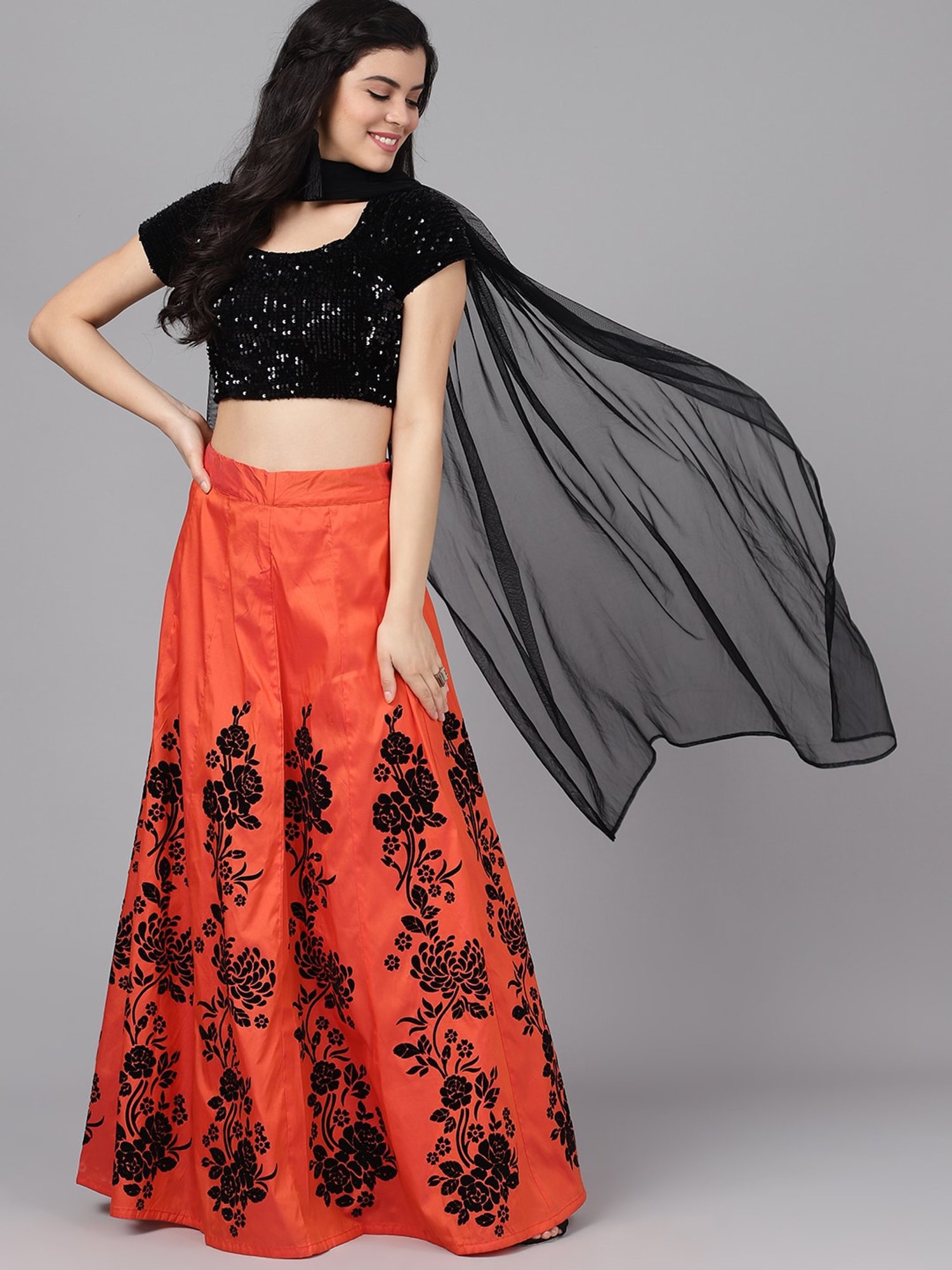 black and orange lehenga choli