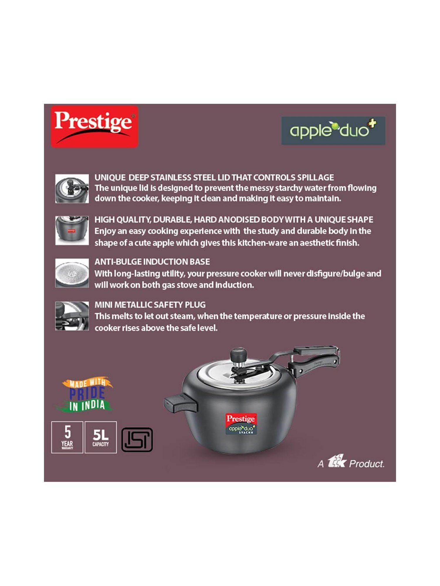 Buy Prestige Apple Duo Plus Svachh Grey Pressure Cooker 5 L