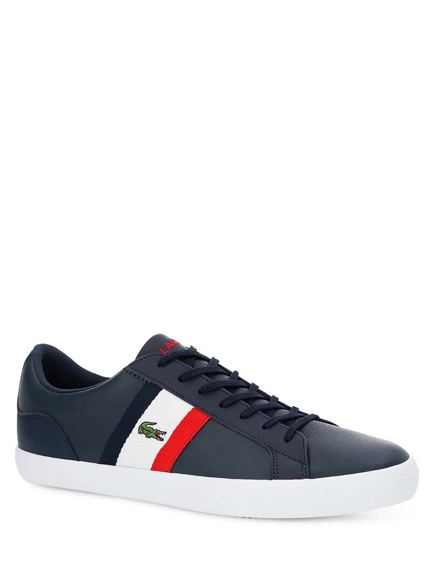 Buy Lacoste Navy White Red Lerond Tumbled Leather Trainer