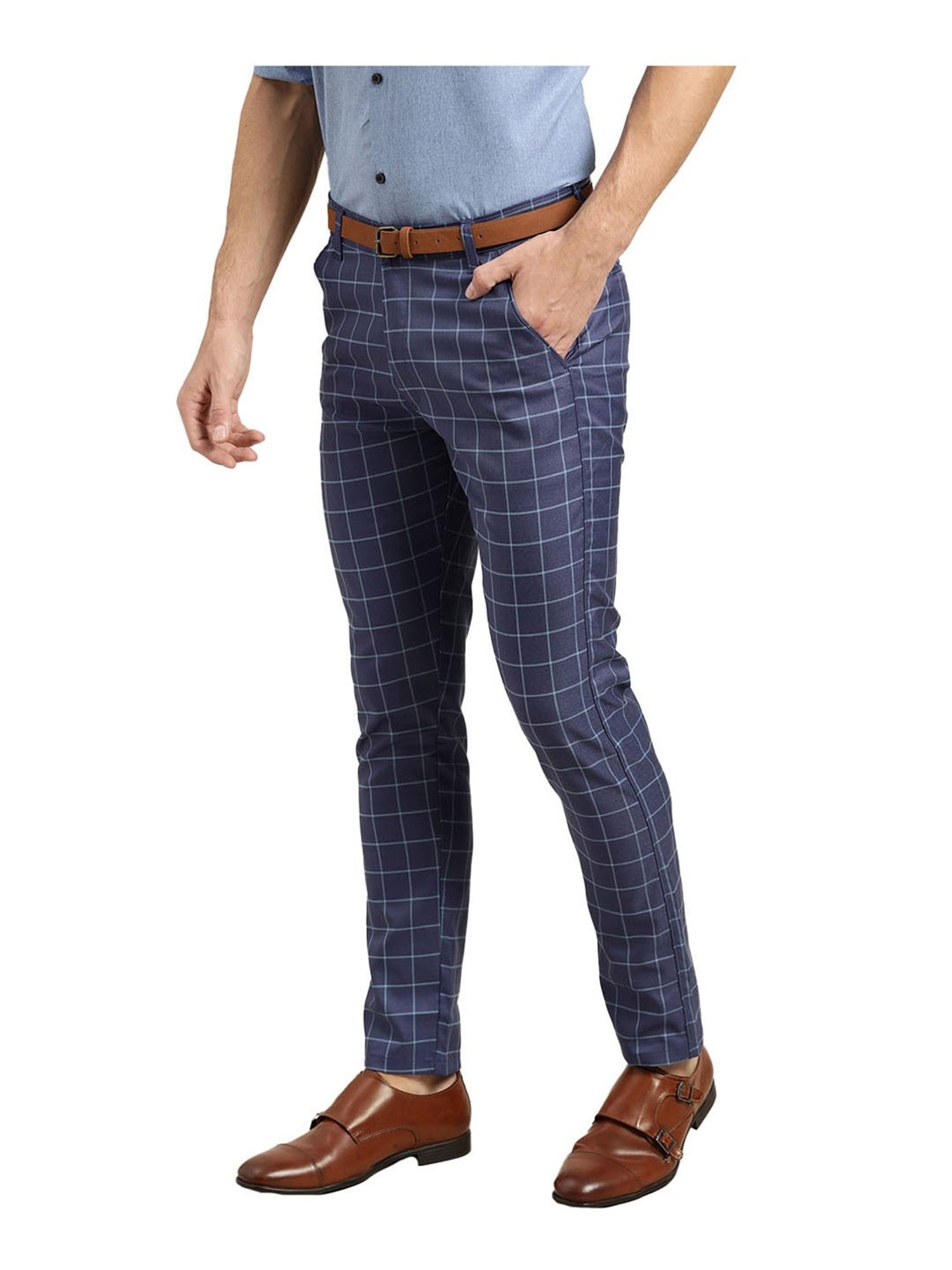 Men's Cotton Blend Navy Blue & Off White Checked Formal Trousers - Sojanya  | Checked trousers, White collared shirt, Business casual men