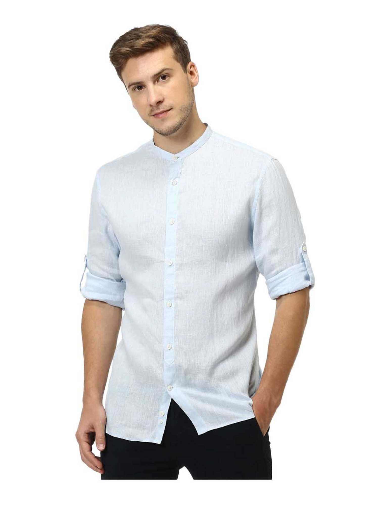 celio* Light Blue Regular Fit Mandarin Collar Linen Shirt-celio ...