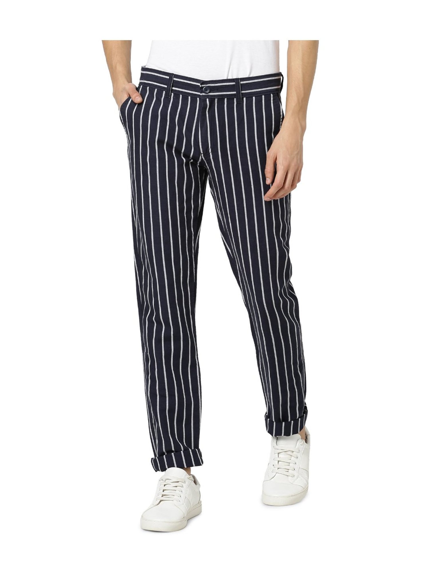 White And Blue Striped Flat Front Pants