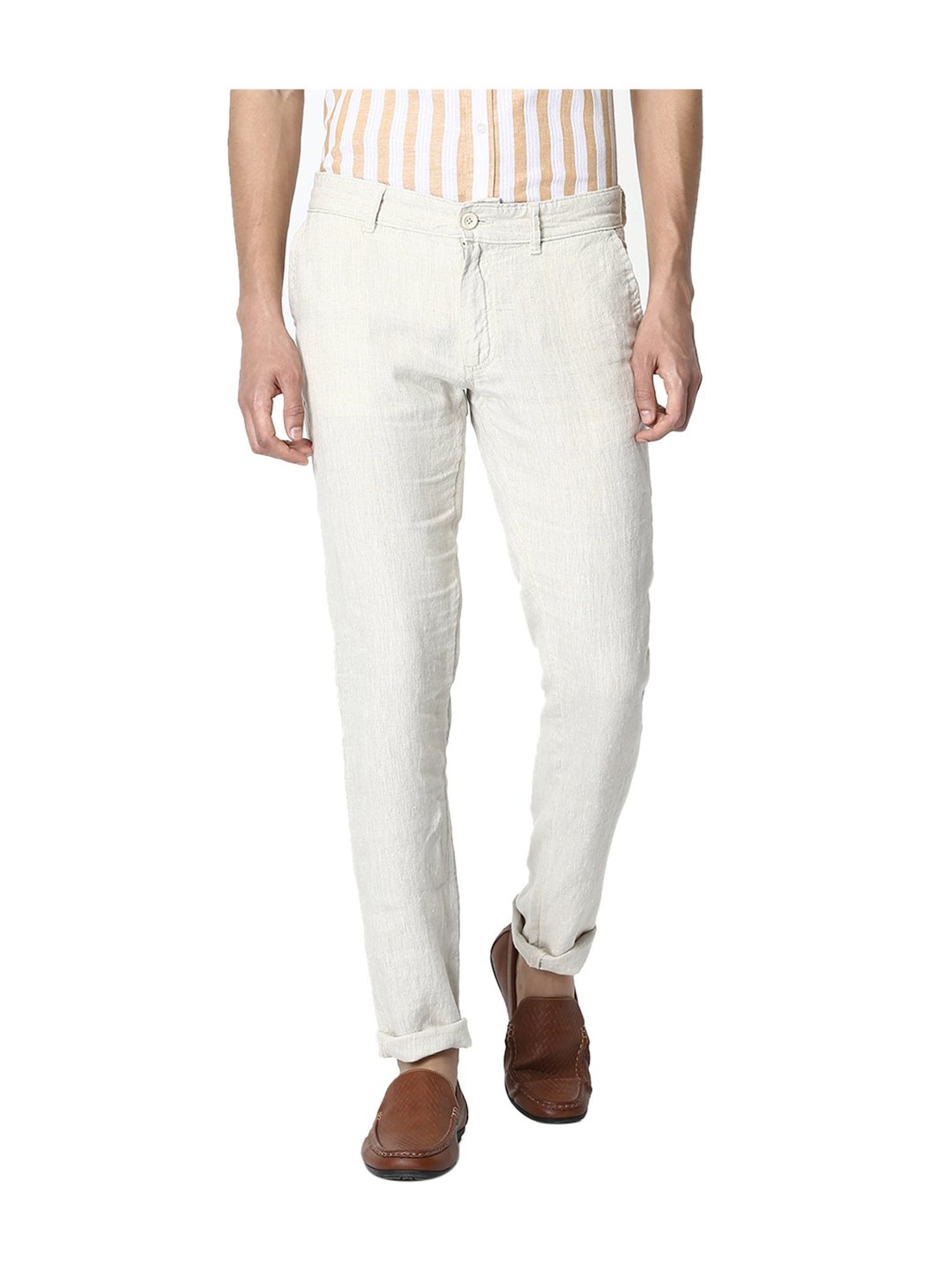 Beige Solid Cotton Classic Trousers (COVENTIIN) | Celio