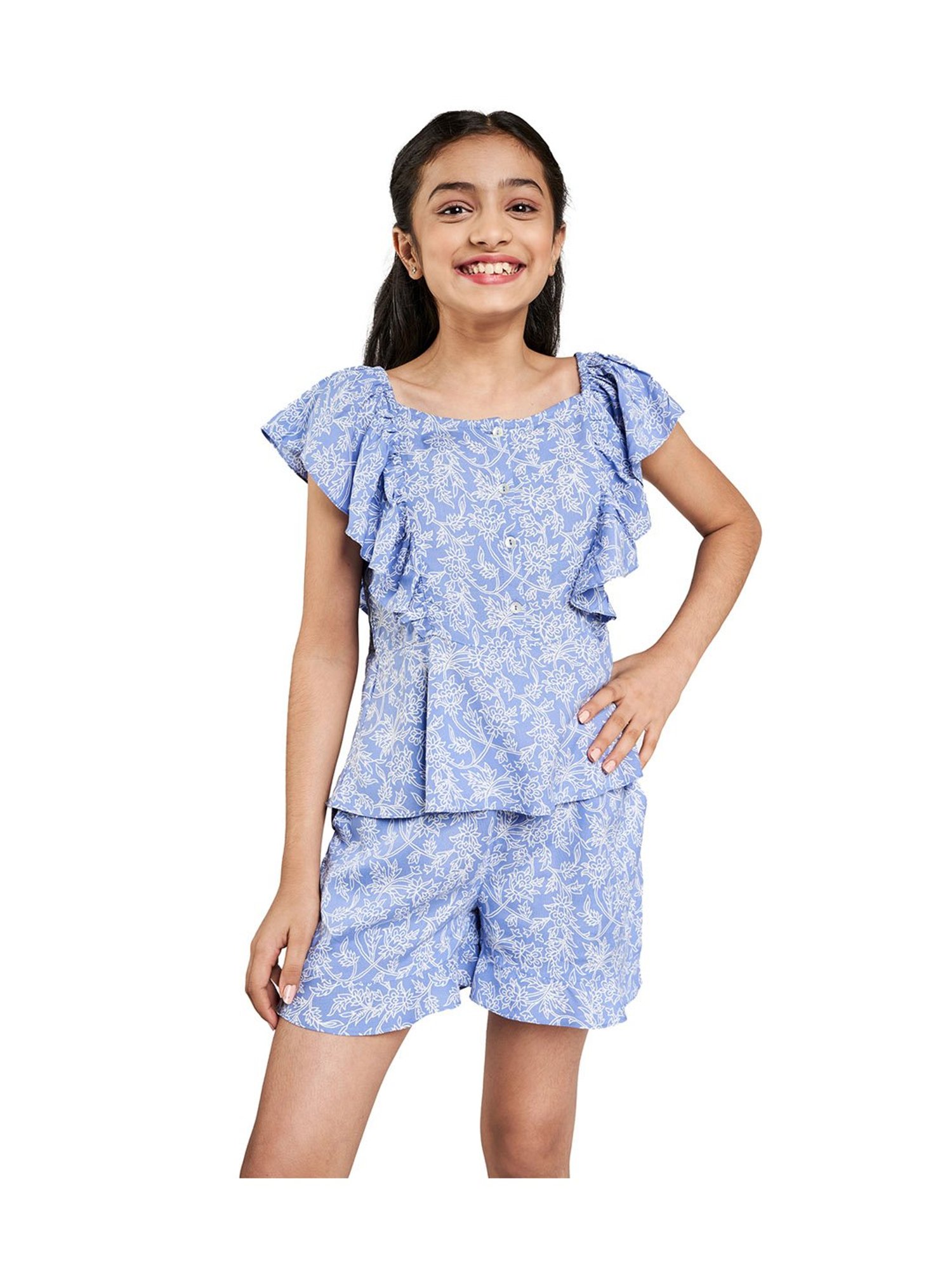 Buy Global Desi Girl Blue Printed Top with Shorts for Girls