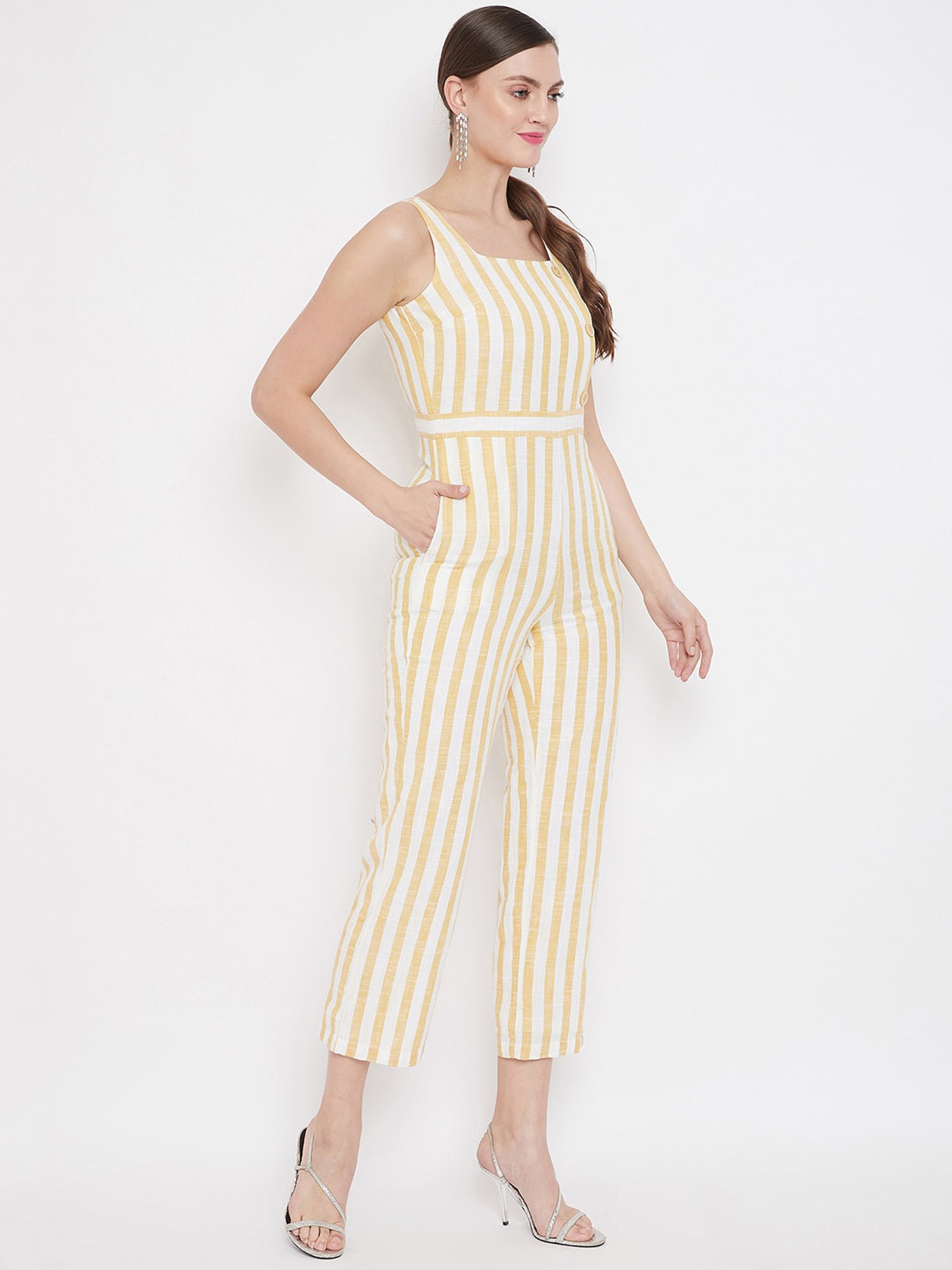 Ettna Mustard Yellow Striped Cutout Front Wide-Leg Jumpsuit | Wide leg  jumpsuit, Cute yellow dresses, Flowy wide leg pants