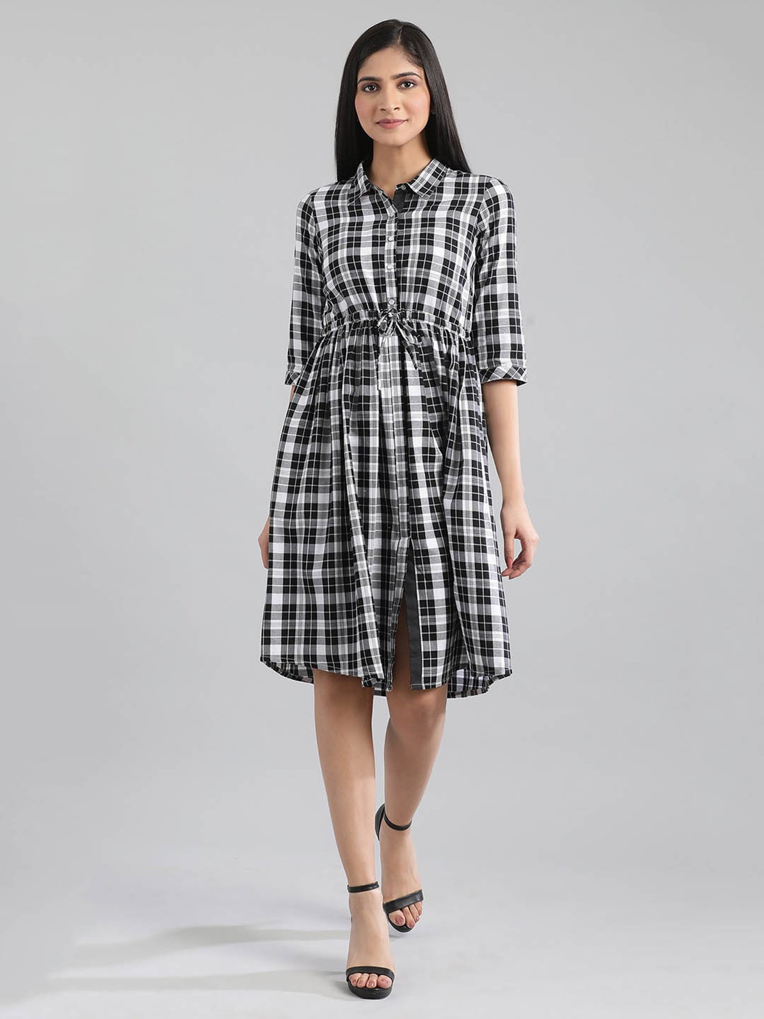 Black White Front Open Cotton Shirt Dress with Wooden Buttons and Cont –  uNidraa