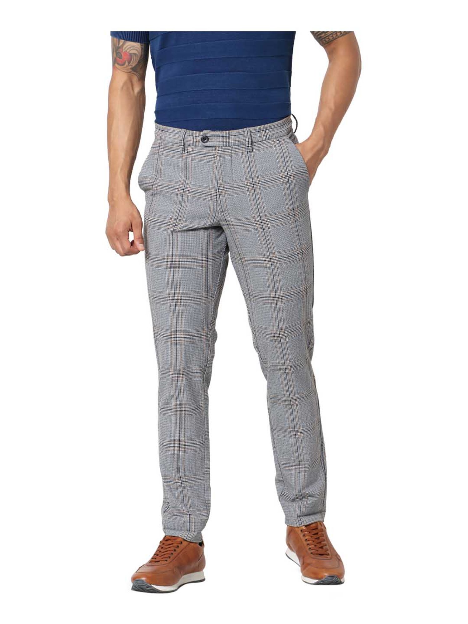 Buy WES Formals Grey Checkered Carrot-Fit Trousers from Westside