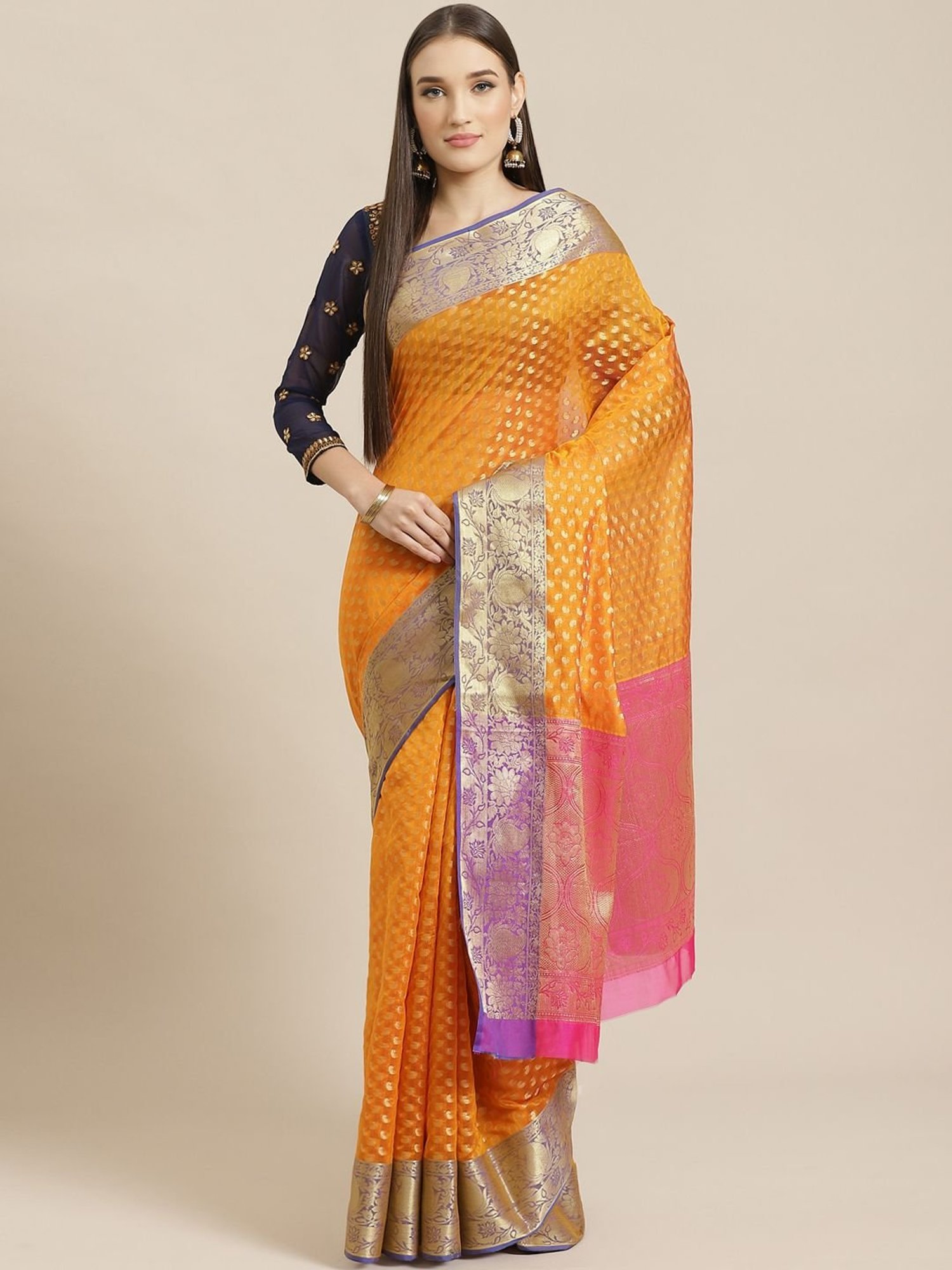 Buy Chhabra 555 Orange Paisley Printed Saree With Unstitched
