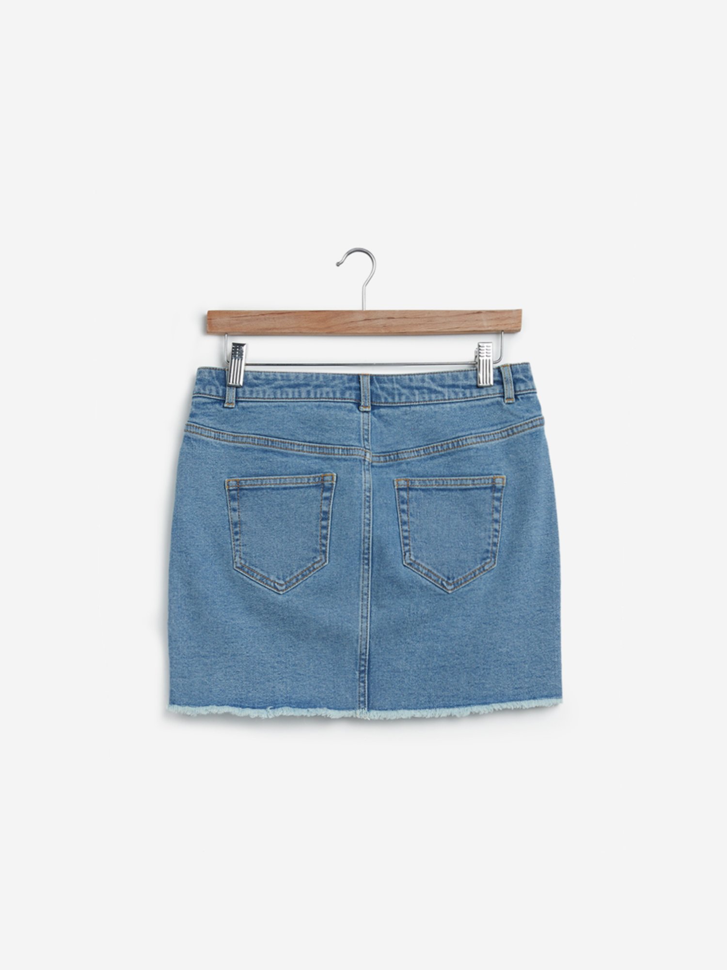 Womens Midi Length Distressed Denim Skirt  Front and Back Slits  Blue