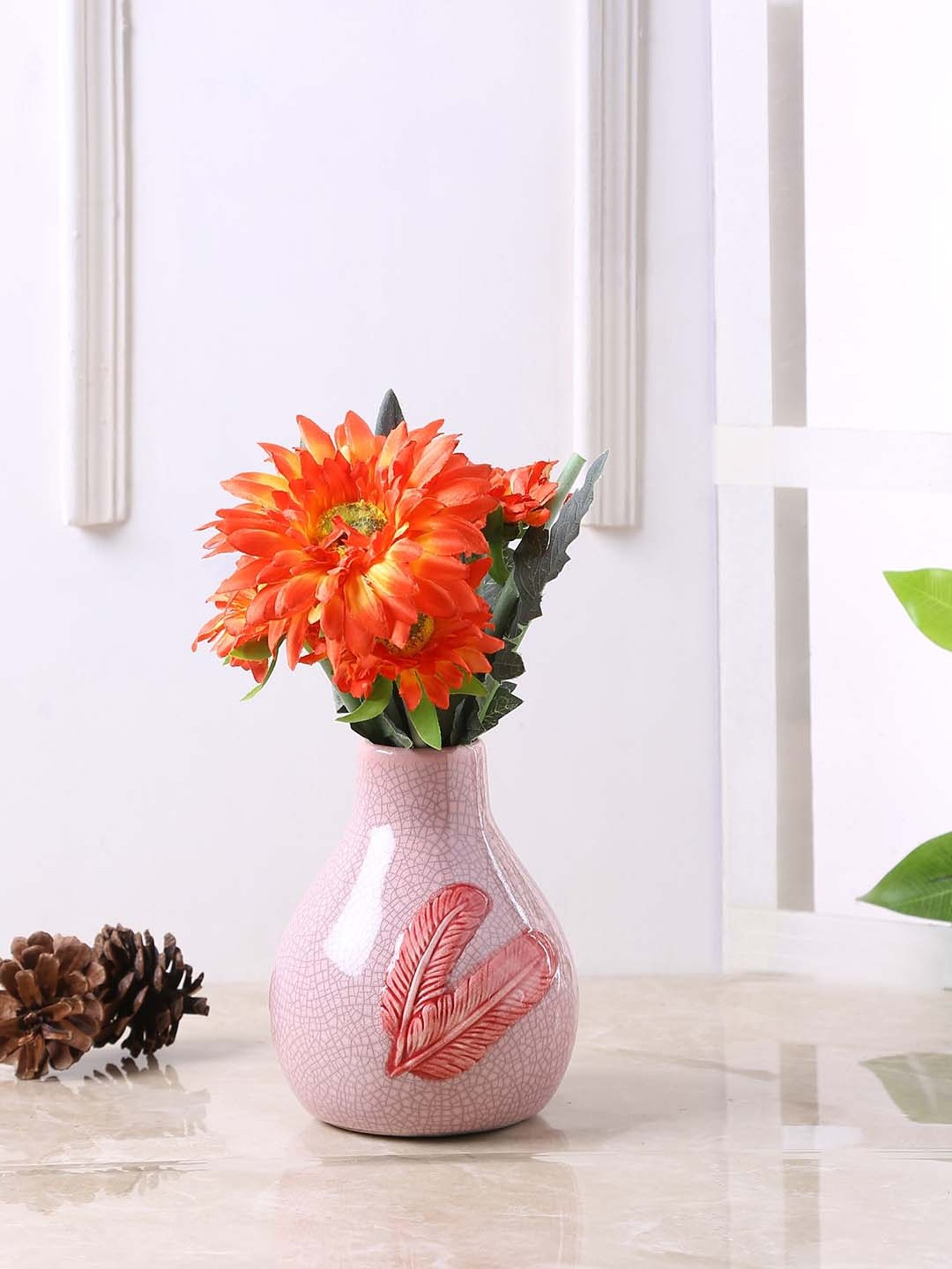 Buy Tayhaa Pink Ceramic Vintage Feather Designed Flower Vase - Set
