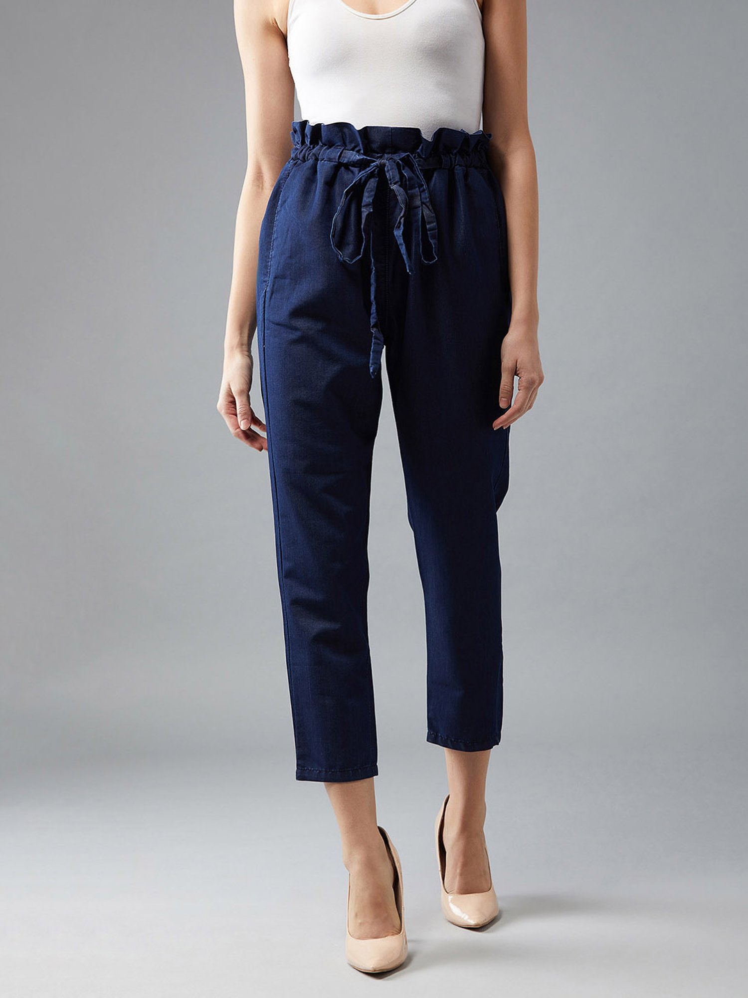 Navy High Rise Tie Waist Paper Bag Trousers  New Look