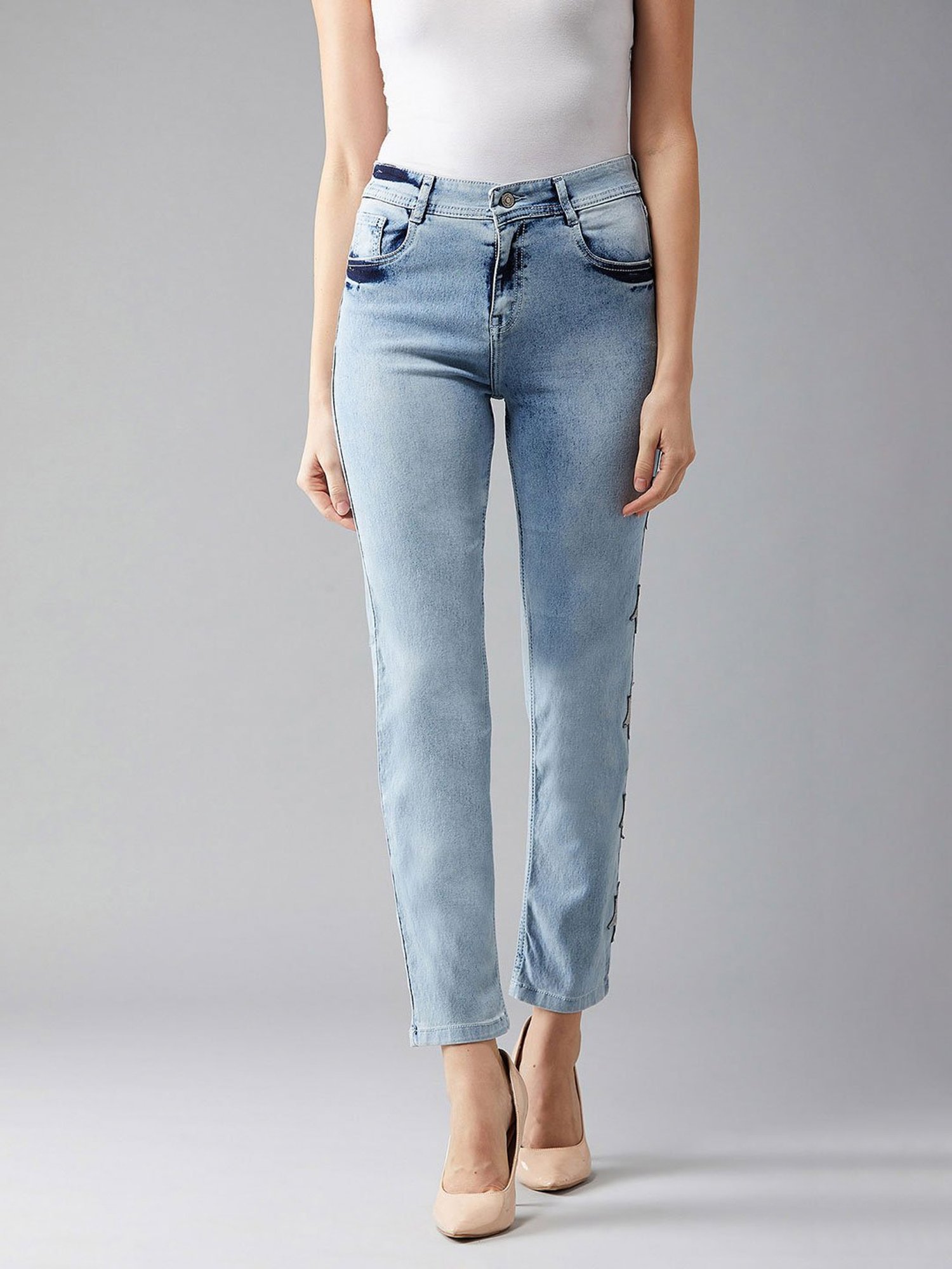 Buy DOLCE CRUDO Light Blue Embroidered Jeans for Women Online