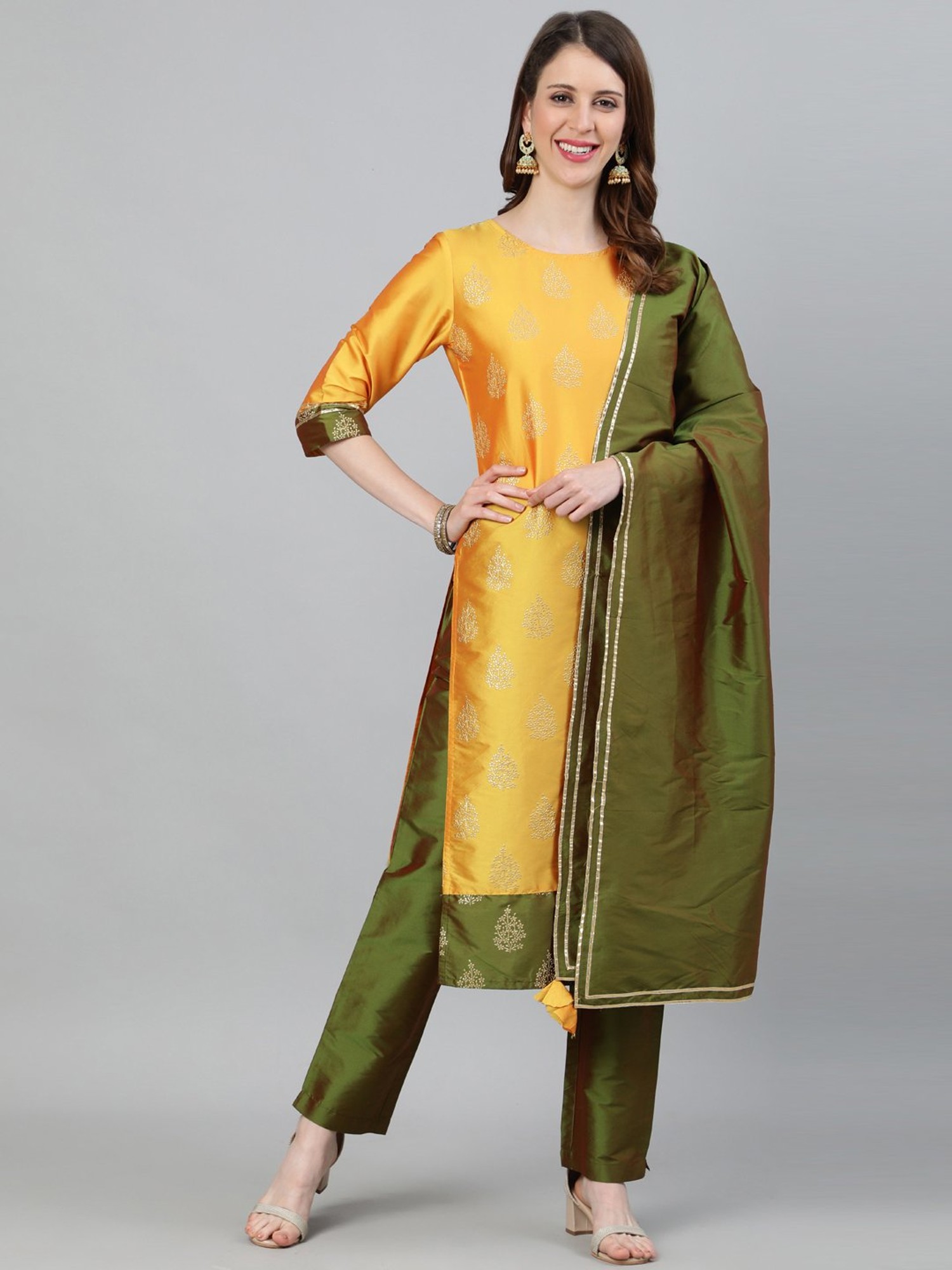 Fancy Designer Brown Foil And Gold Printed Kurti And Pant With Jacket.