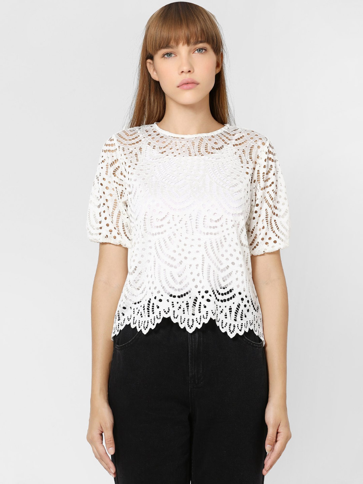 White Self Design Top for Women Online 