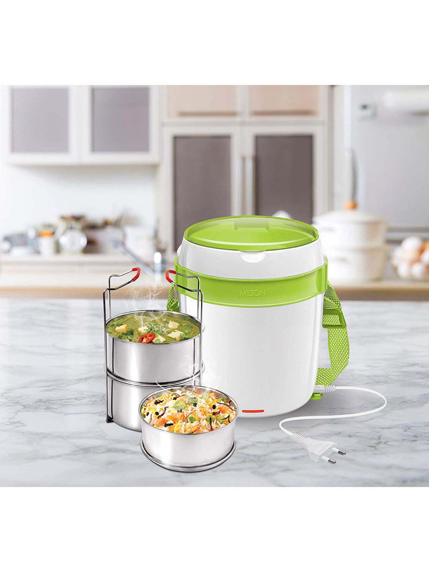 Milton Futron White & Green Plastic Electric Lunch Box (360 ml)-Milton