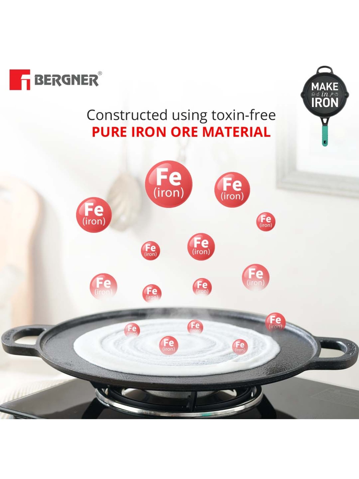 Bergner Elements Pre-Seasoned Cast Iron Dosa Tawa, 30 cm, Induction  Friendly, BlackSku Code : BG-34123-BK