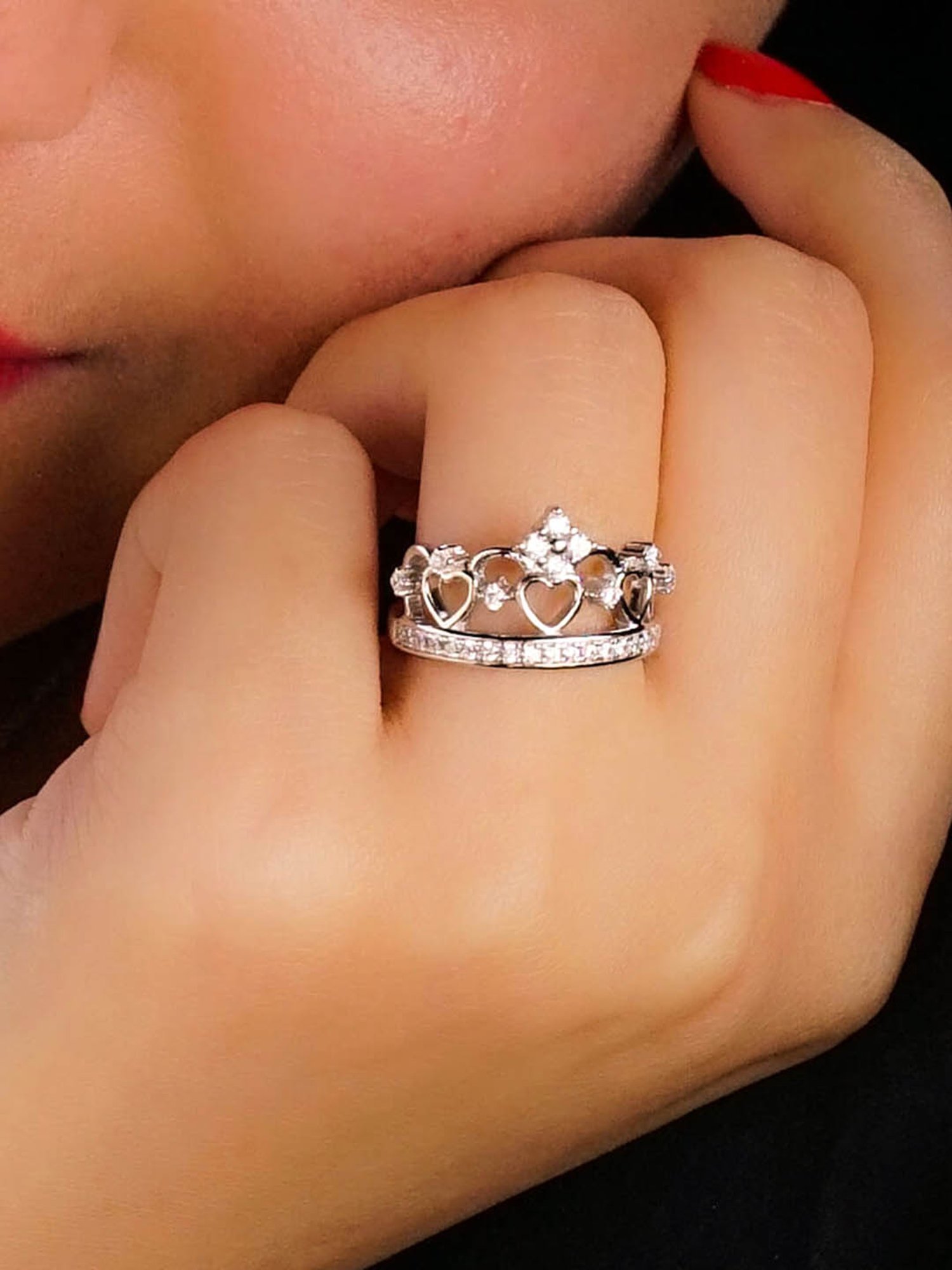 Crown Tiara Ring Design Princess CZ Cubic Zirconia Rhodium Over Sterli –  AzureBella Jewelry