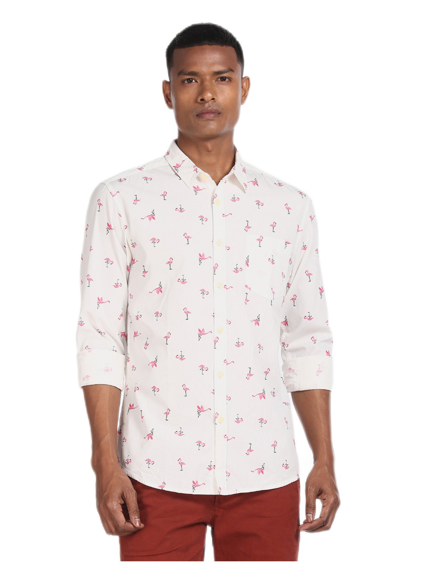 Buy Men Off White Flamingo Print Cotton 