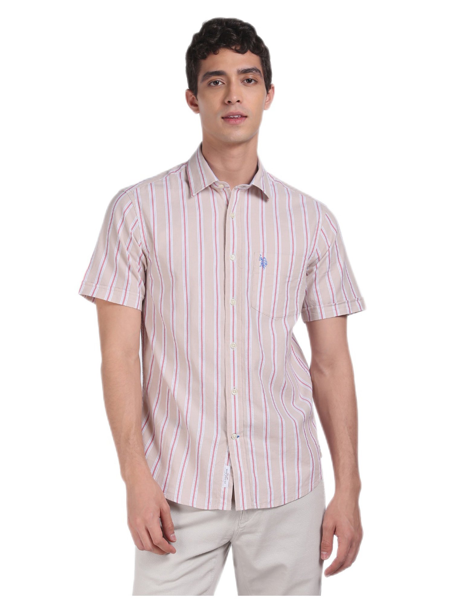 Buy Men Beige Short Sleeve Cotton Stripe Casual Shirt for Men's Online @  Tata CLiQ