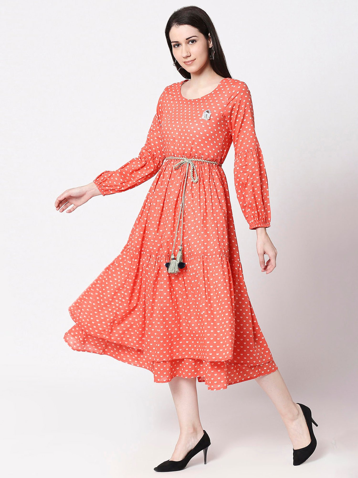 Buy Terquois Orange Printed Dress With Braided Belt for Women ...