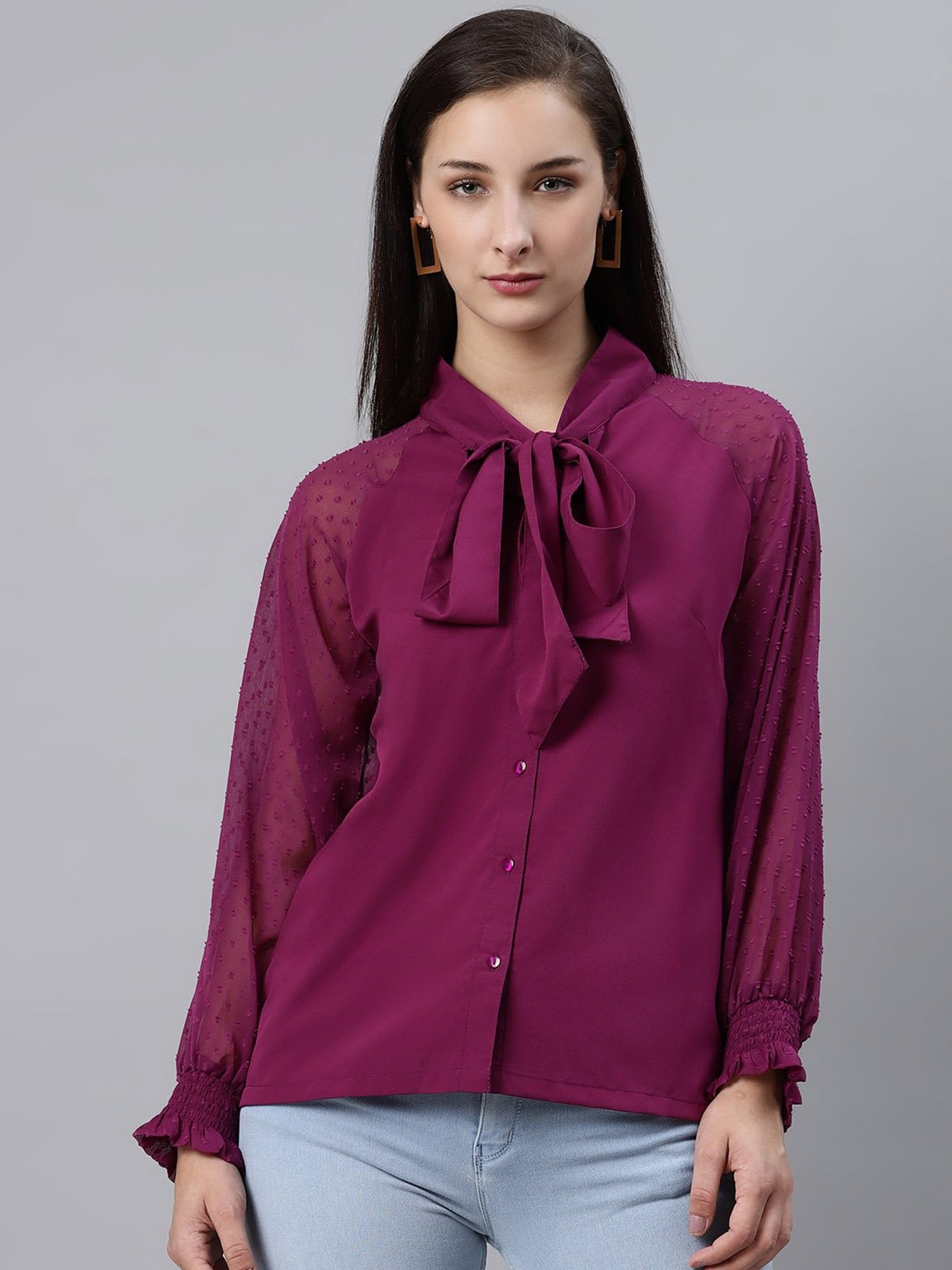 Self-tie Ruffle-Sleeve Blouse