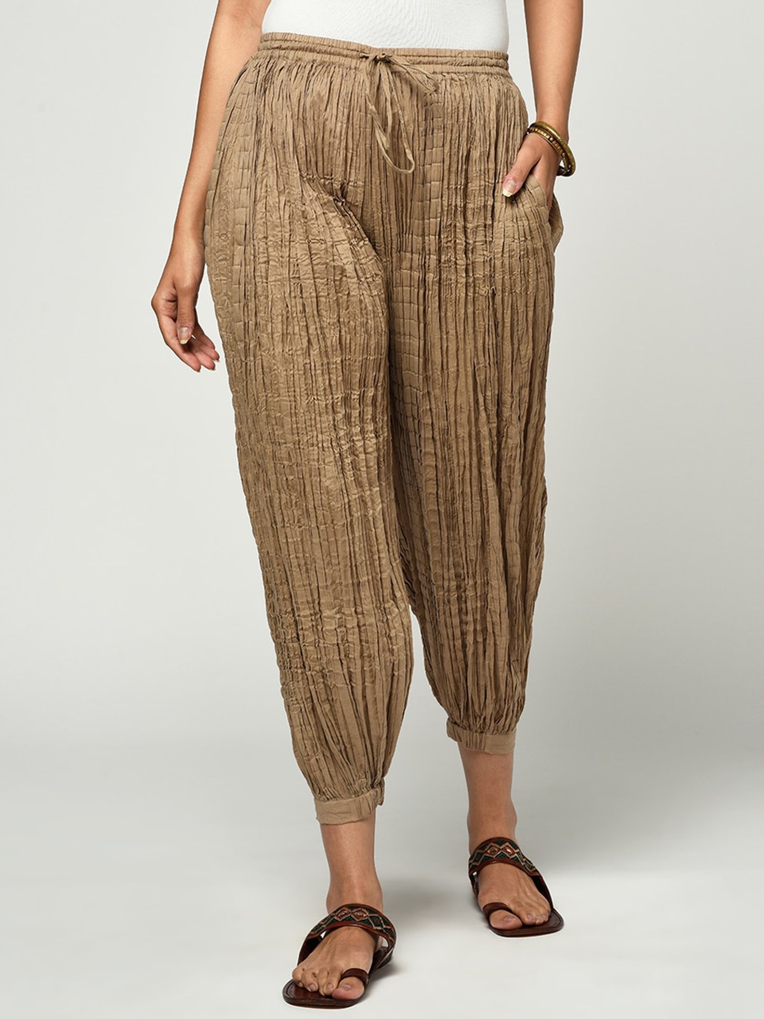 Buy Fabindia Beige Cotton Self Pattern Pants for Women Online  Tata CLiQ