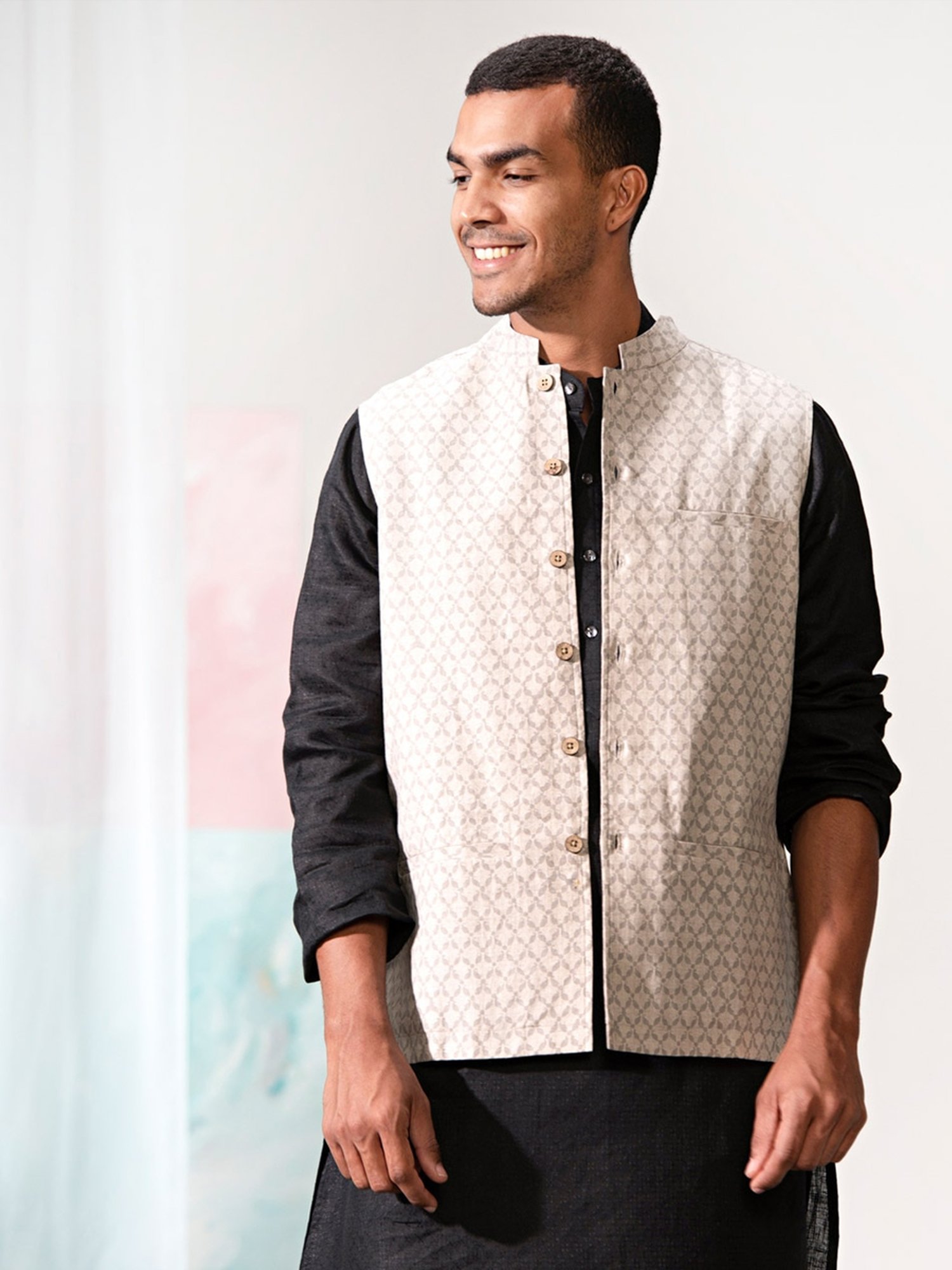 Buy Blue Viscose Blend Dobby Printed Nehru Jacket for Men Online at Fabindia  | 10739986