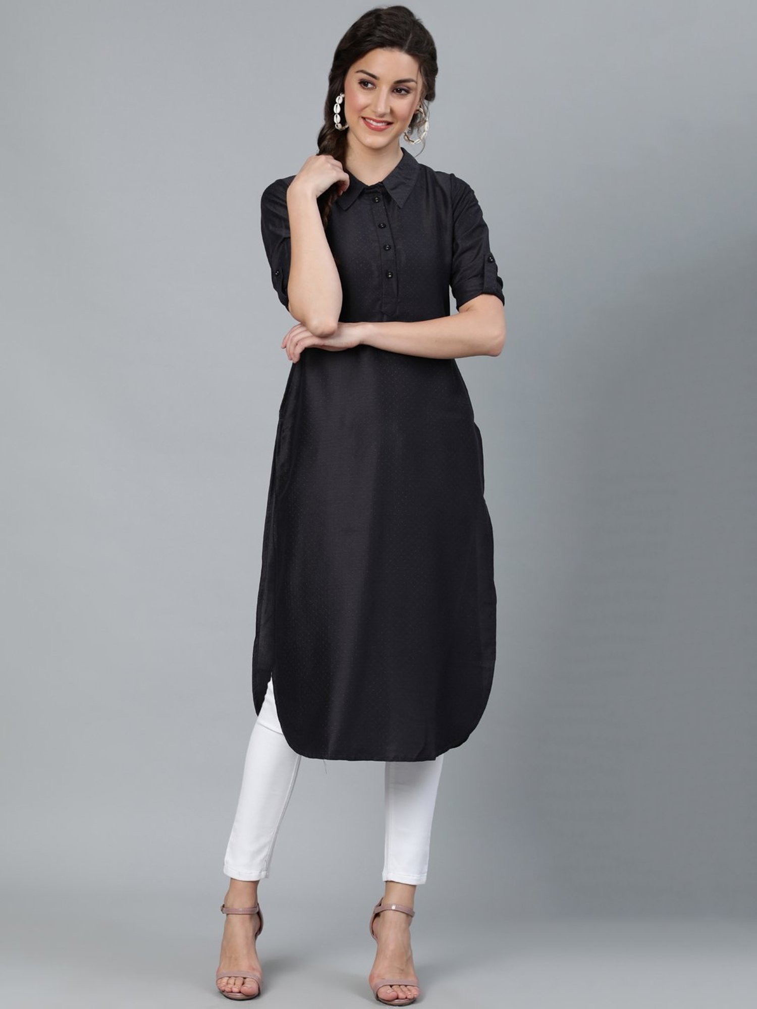 Aks black solid straight on sale kurta