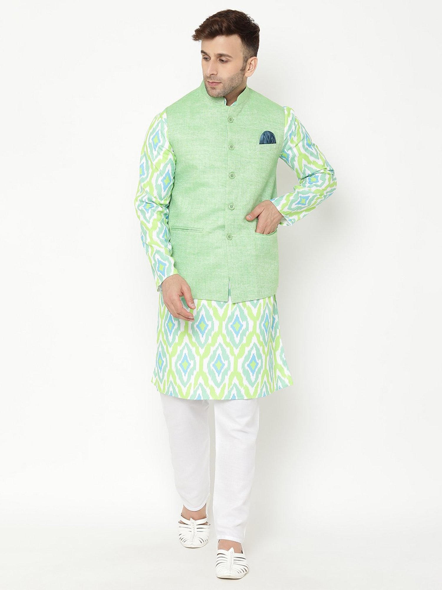 Kuwarsha kids party wear royal look light green kurta pyjamas and waistcoat  set for boys