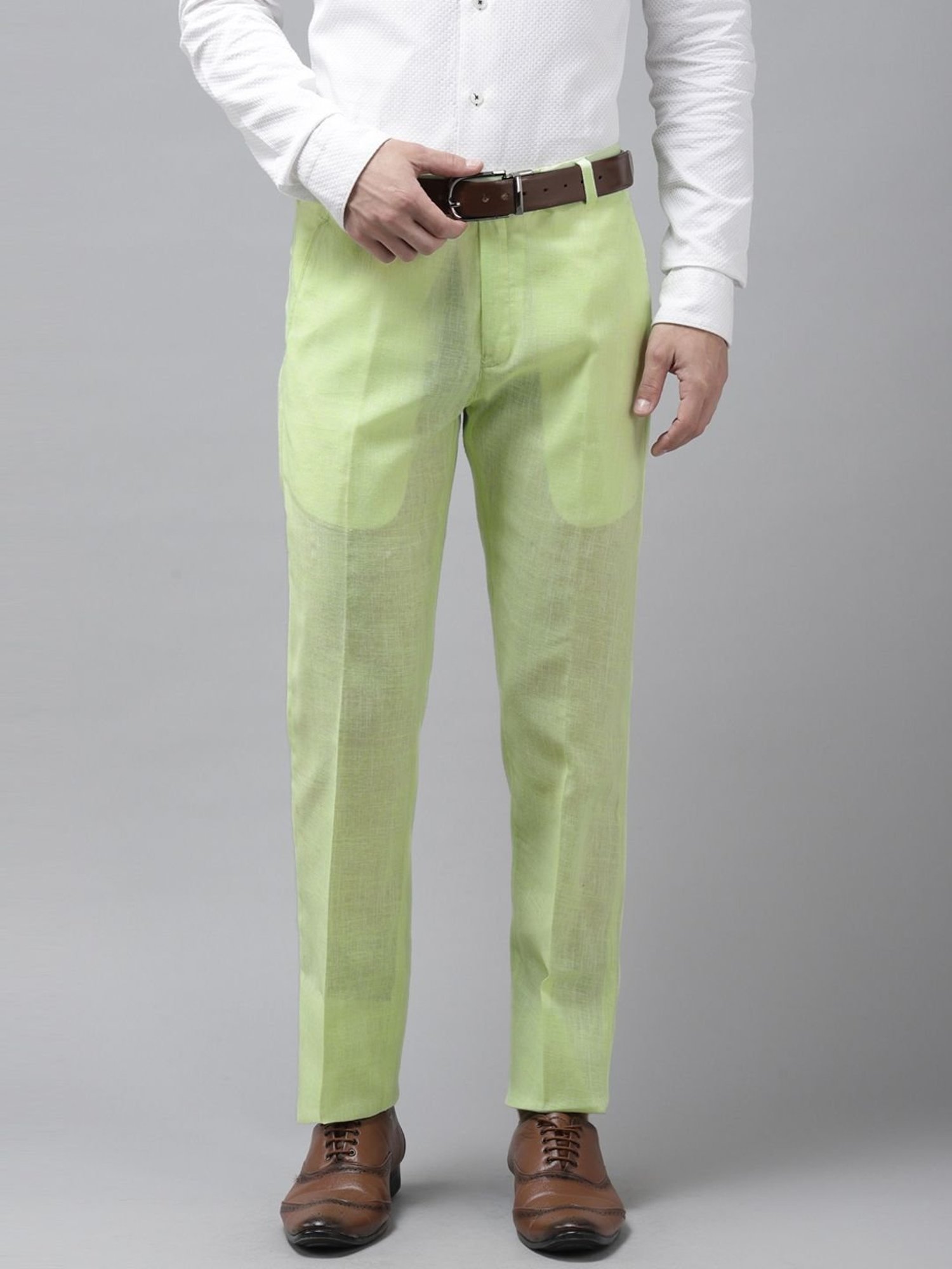 Light Green Solid Men Cotton Formal Slim Fit Trousers