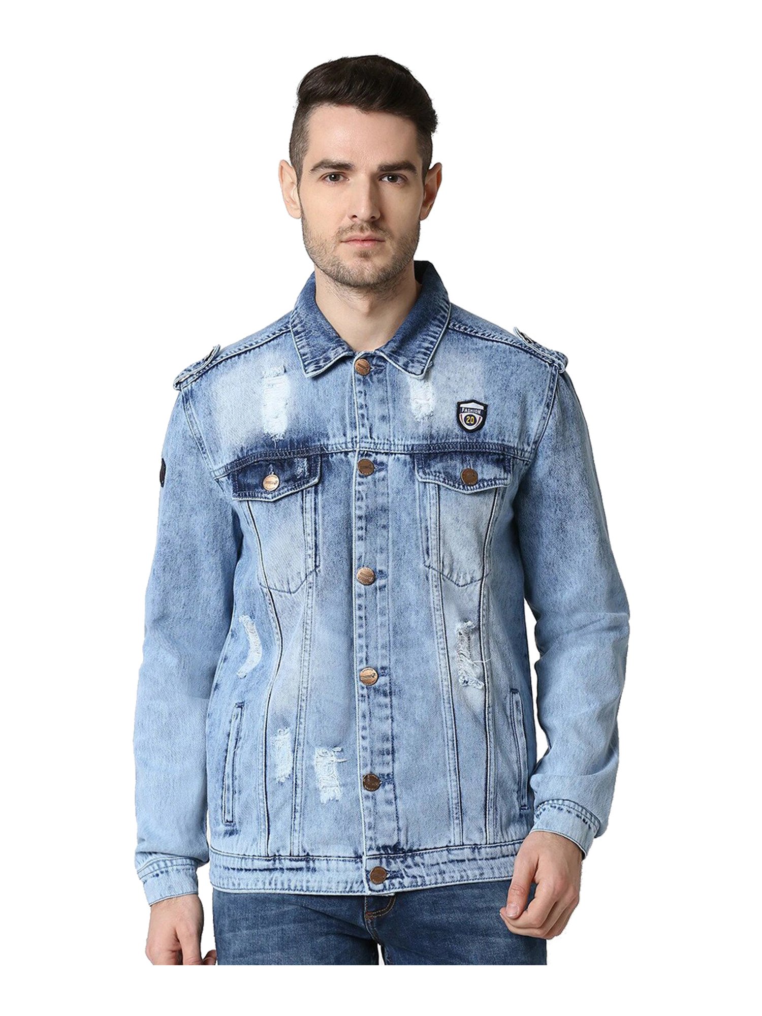 Man in denim jacket and ripped jeans 29324503 Stock Photo at Vecteezy