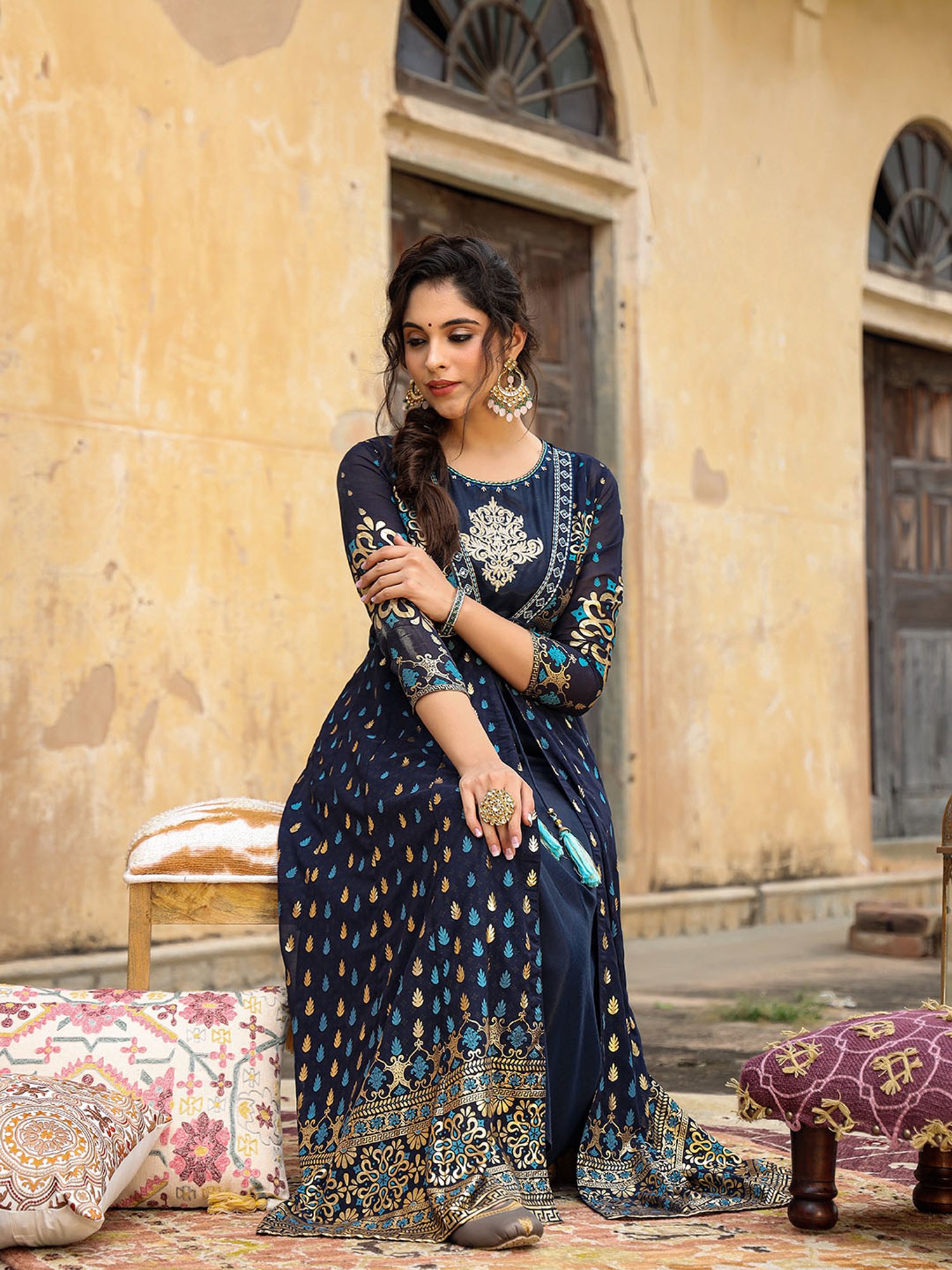 Juniper Navyblue Georgette Jacket Style 2 Pc Dress