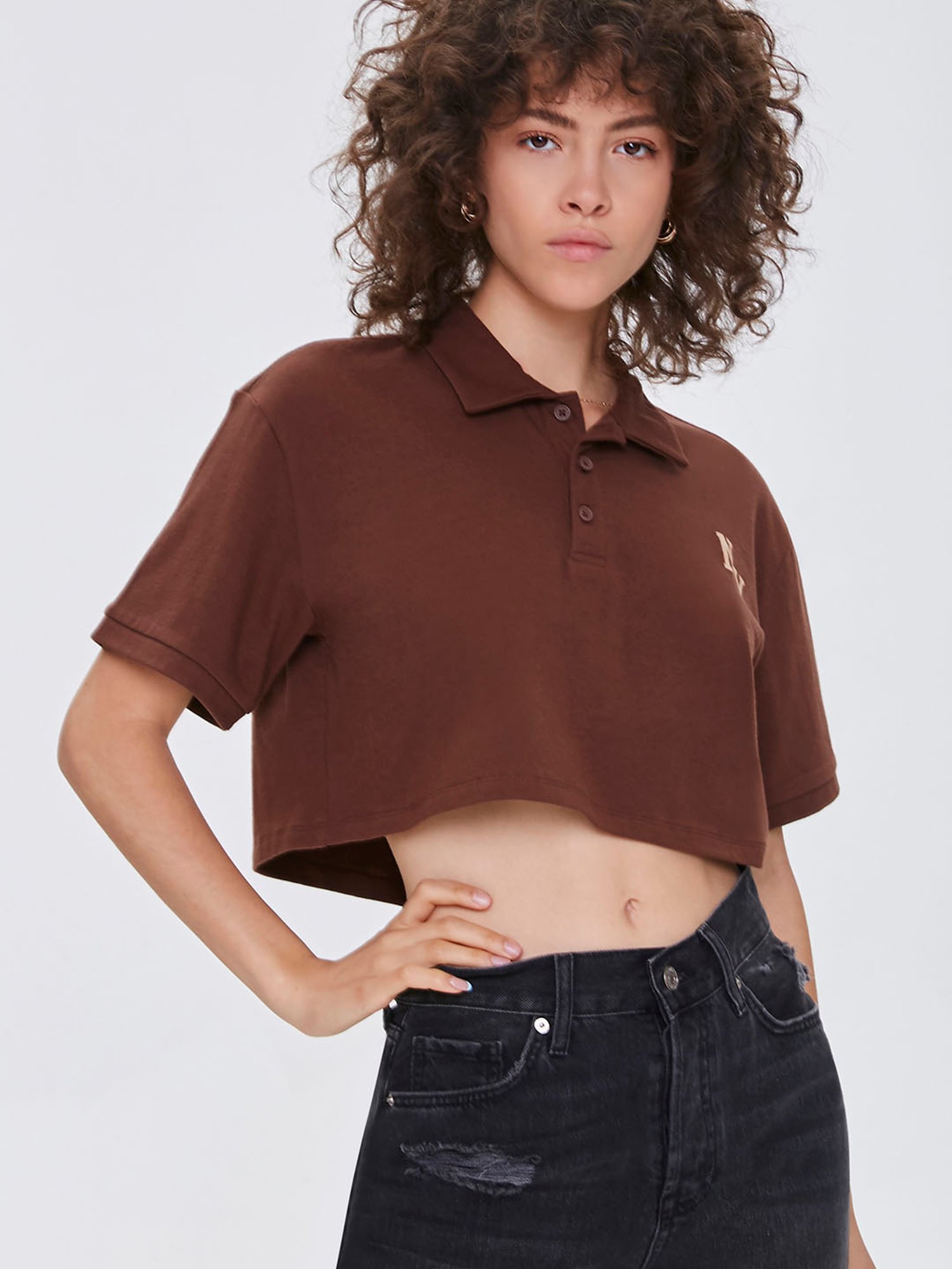 Buy Forever 21 Brown Cotton Crop Polo T-Shirt for Women Online