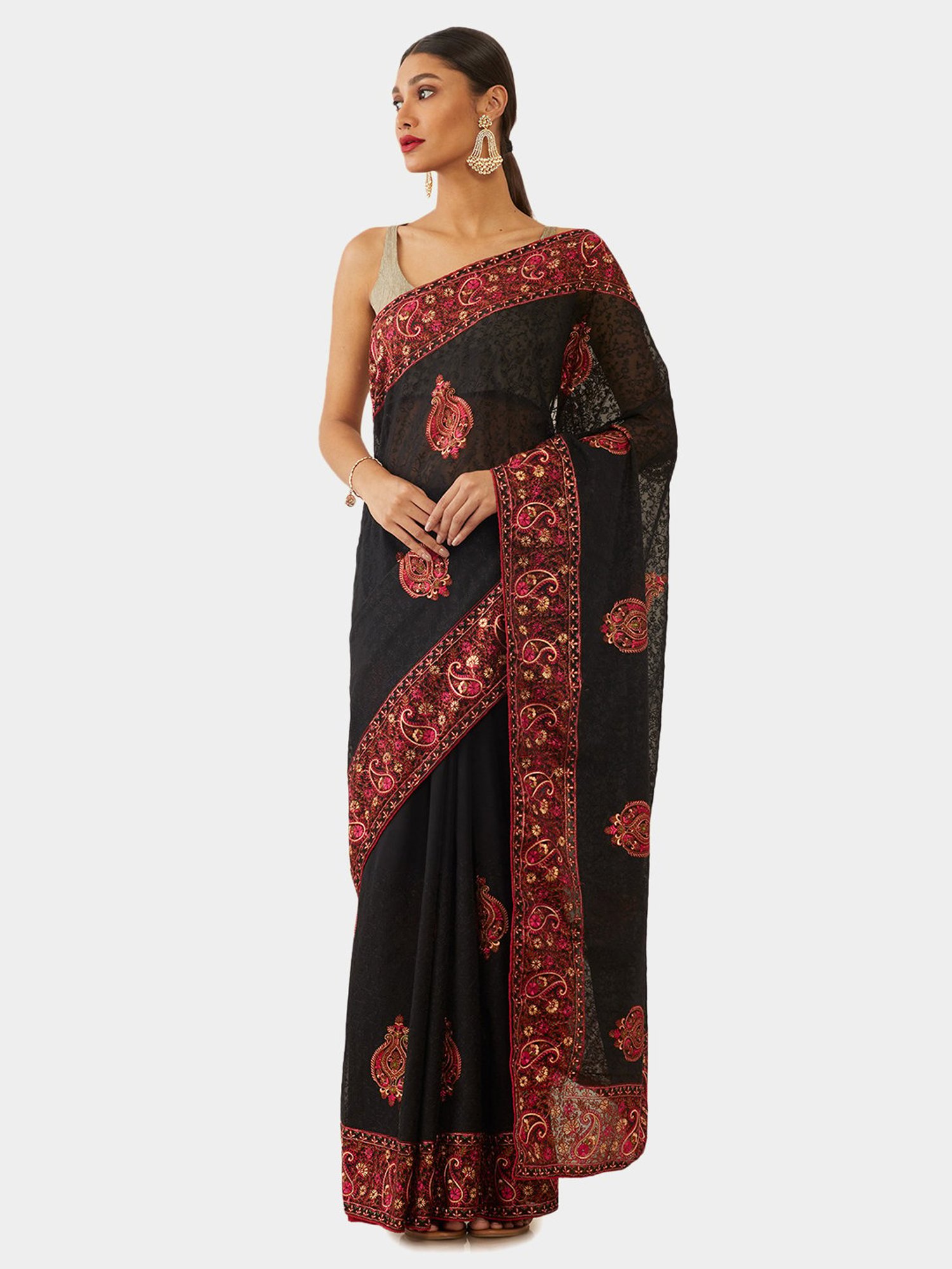 Buy Soch Womens Black Stones Embroidery Georgette Saree with Unstitched &  Stitched Blouse online