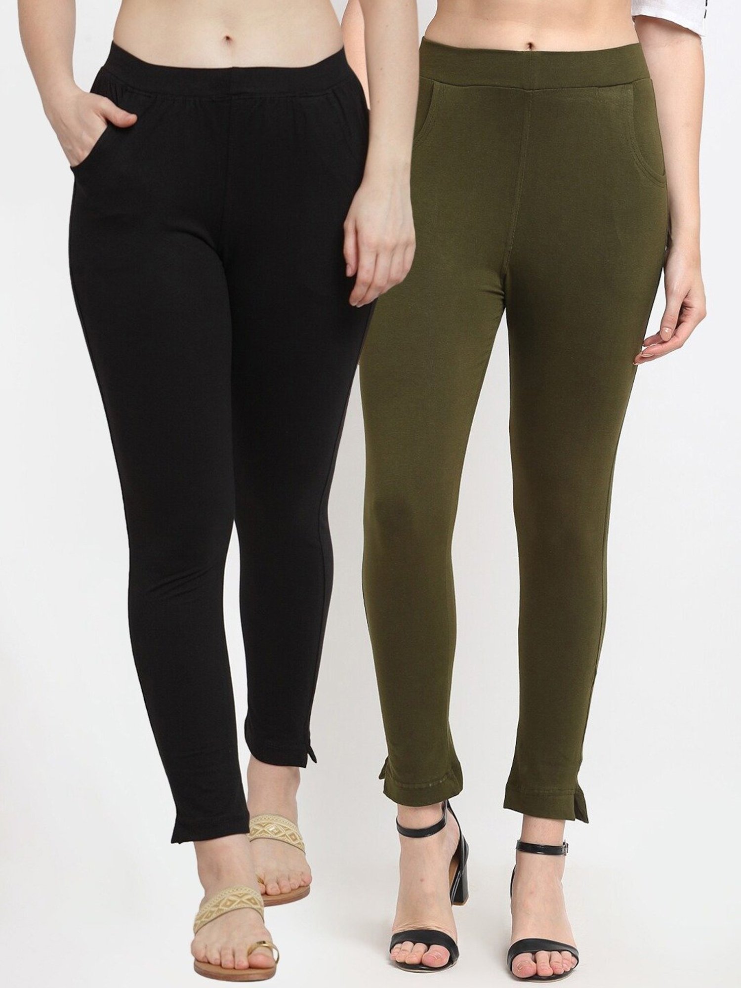 TWIN BIRDS Green Cotton Full Length Leggings