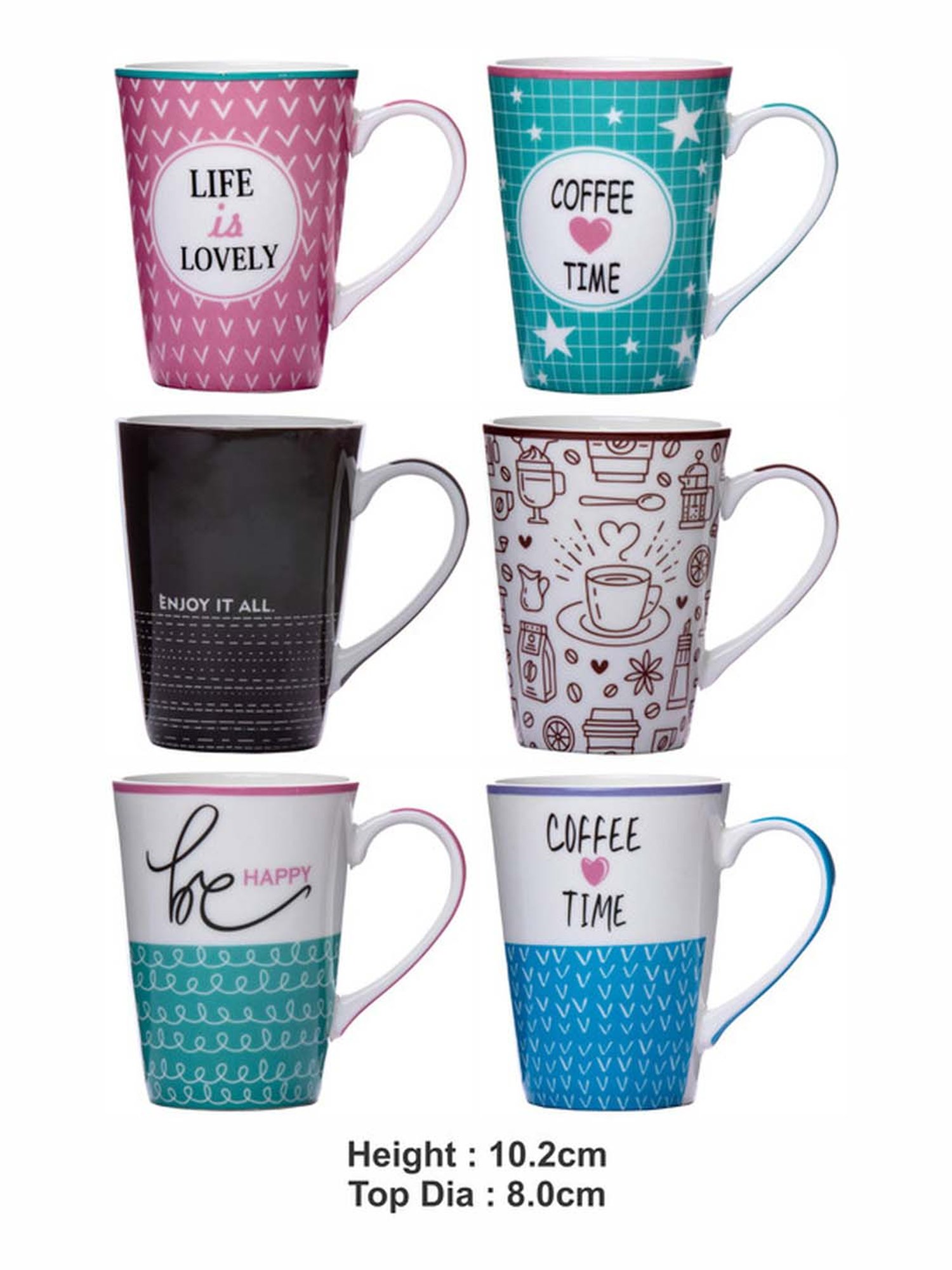 ROXX Pack of 7 Ceramic candy Morning Tea/Coffee 6 mug(180ml) & 1 Tea  Pot(600ml) multicolor