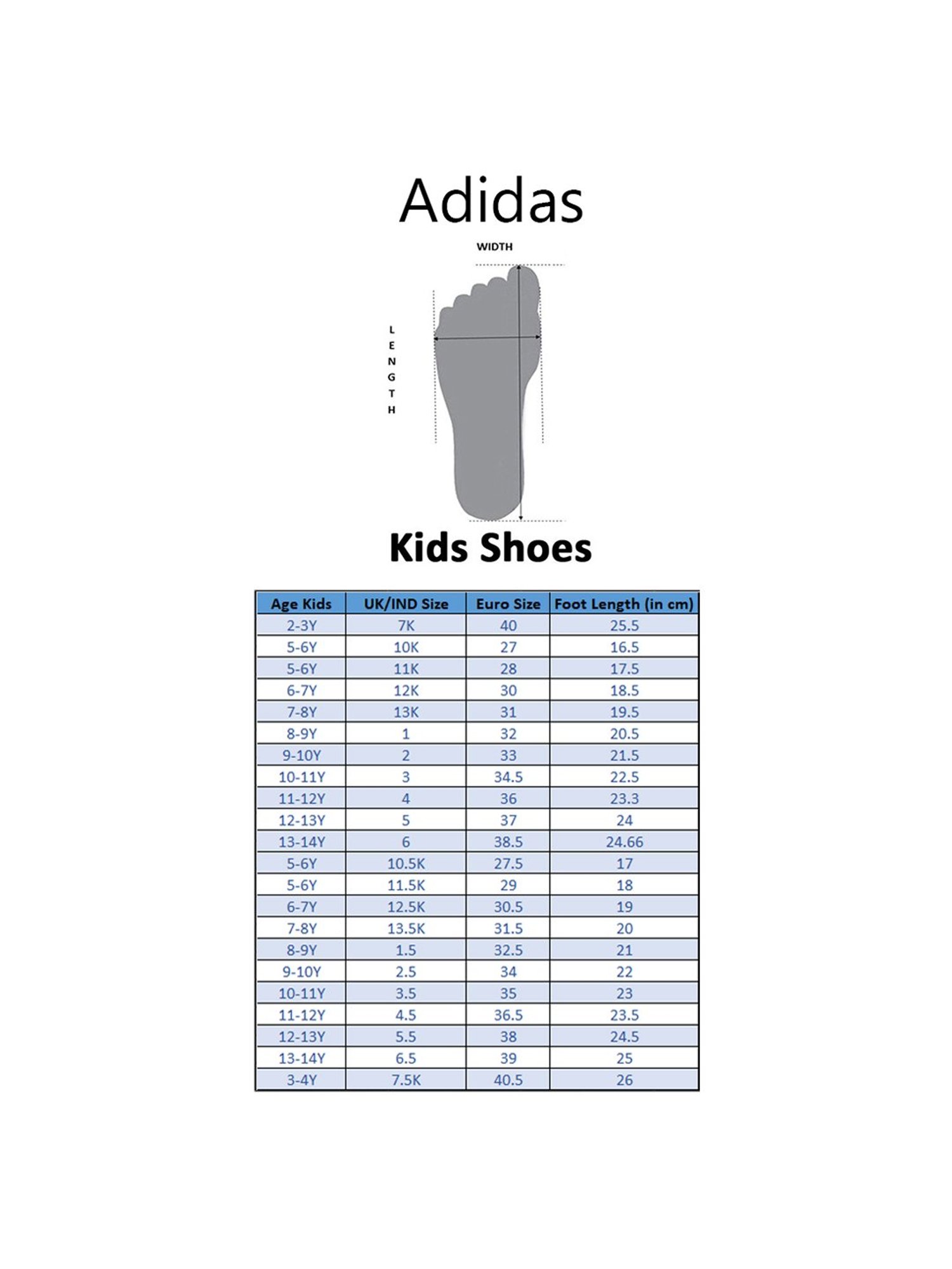 Adidas kids' footwear size chart hotsell