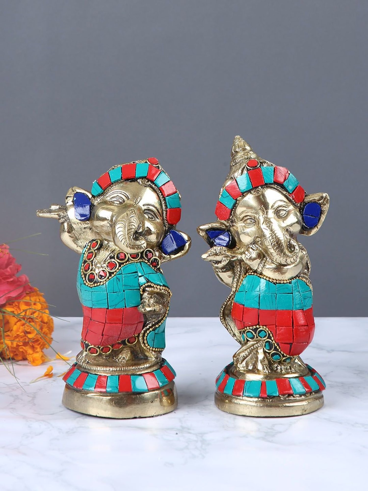 Buy Aapno Rajasthan Golden Brass Lord Ganesh with a Flute Set - Set of 2 at Best Price @ Tata CLiQ