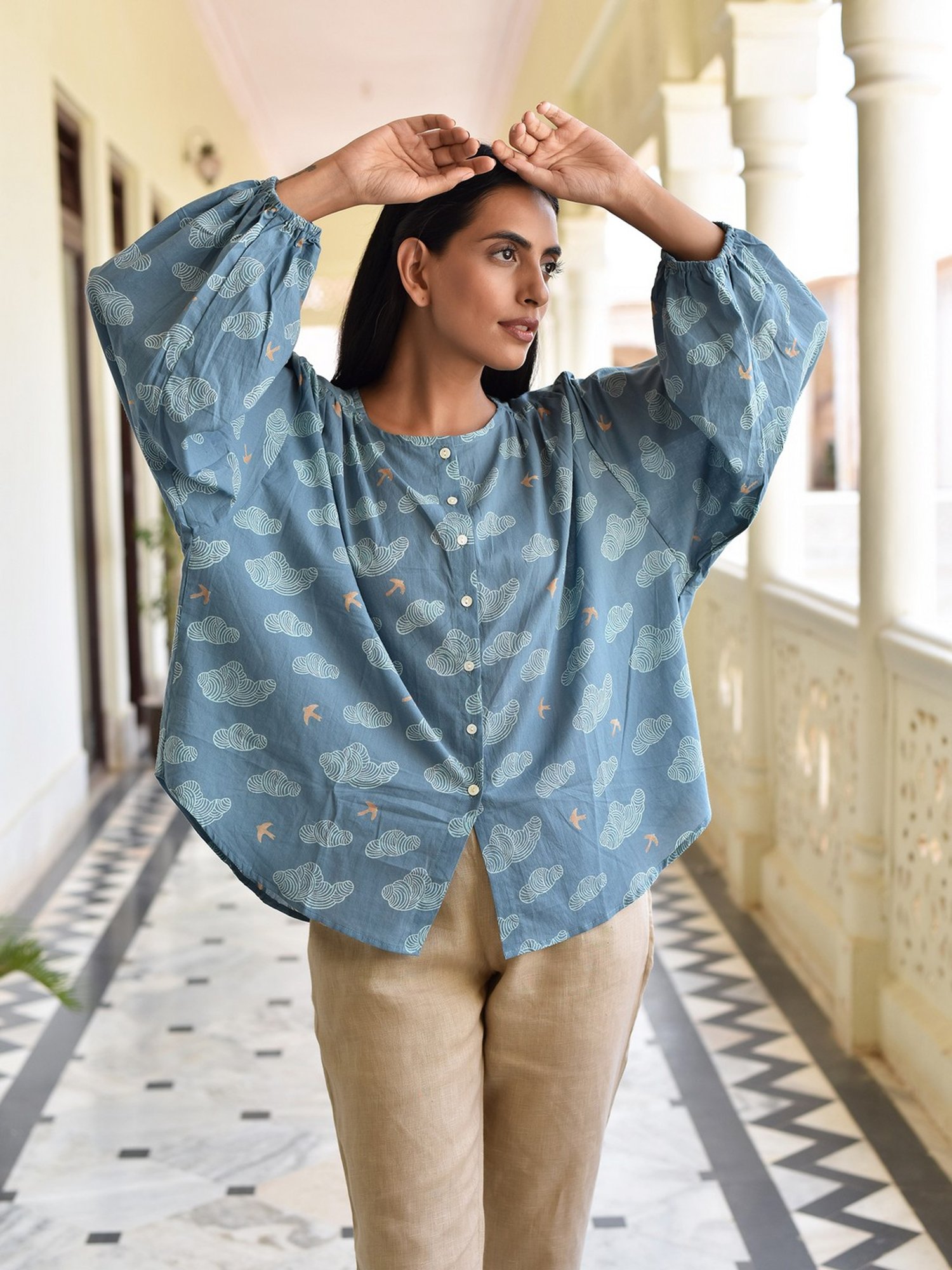 Buy Okhai Greyish Blue Printed Antifit Shirt for Women¿s Online