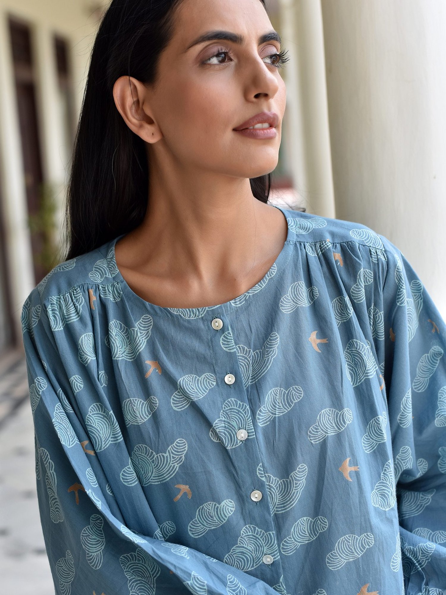 Buy Okhai Greyish Blue Printed Antifit Shirt for Women¿s Online